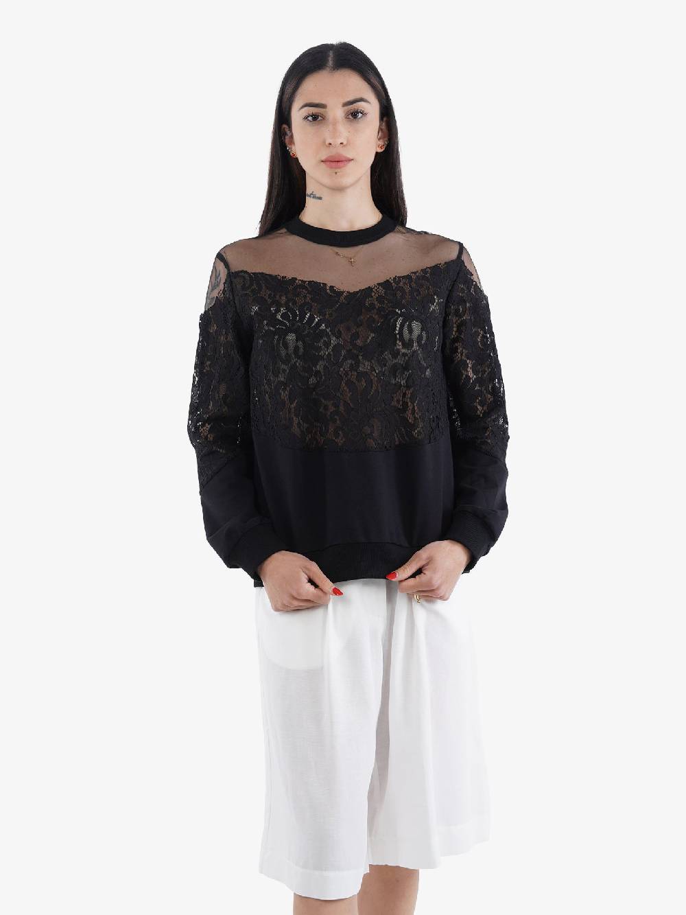 TRASH AND LUXURY Felpa Trasparente Donna In Pizzo Nera