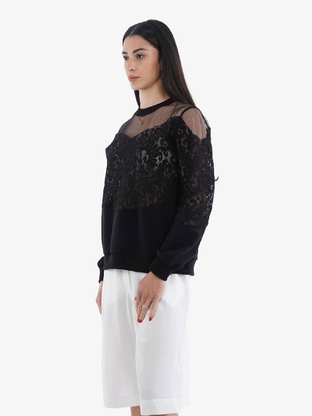 TRASH AND LUXURY Felpa Trasparente Donna In Pizzo Nera