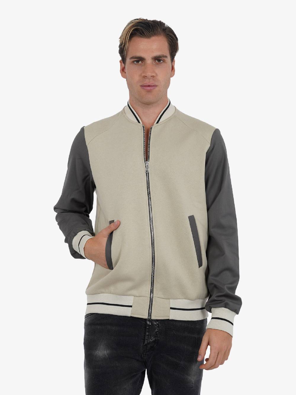 YES LONDON Felpa Vasity XMF3879 Uomo Con Zip In Cotone Beige/piombo