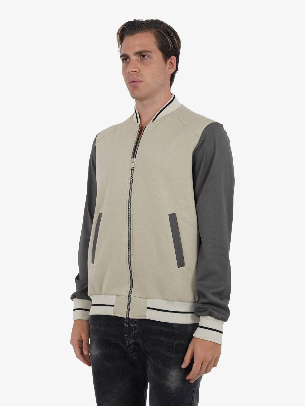 YES LONDON Felpa Vasity XMF3879 Uomo Con Zip In Cotone Beige/piombo