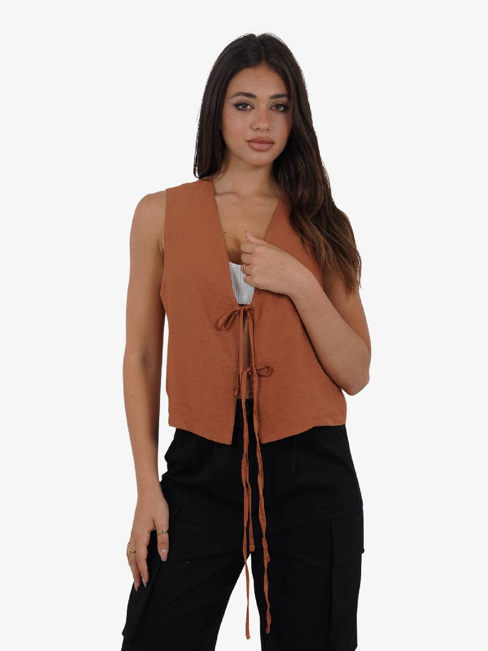 HAVE ONE Gilet con laccetti LVS-L038 donna viscosa marrone