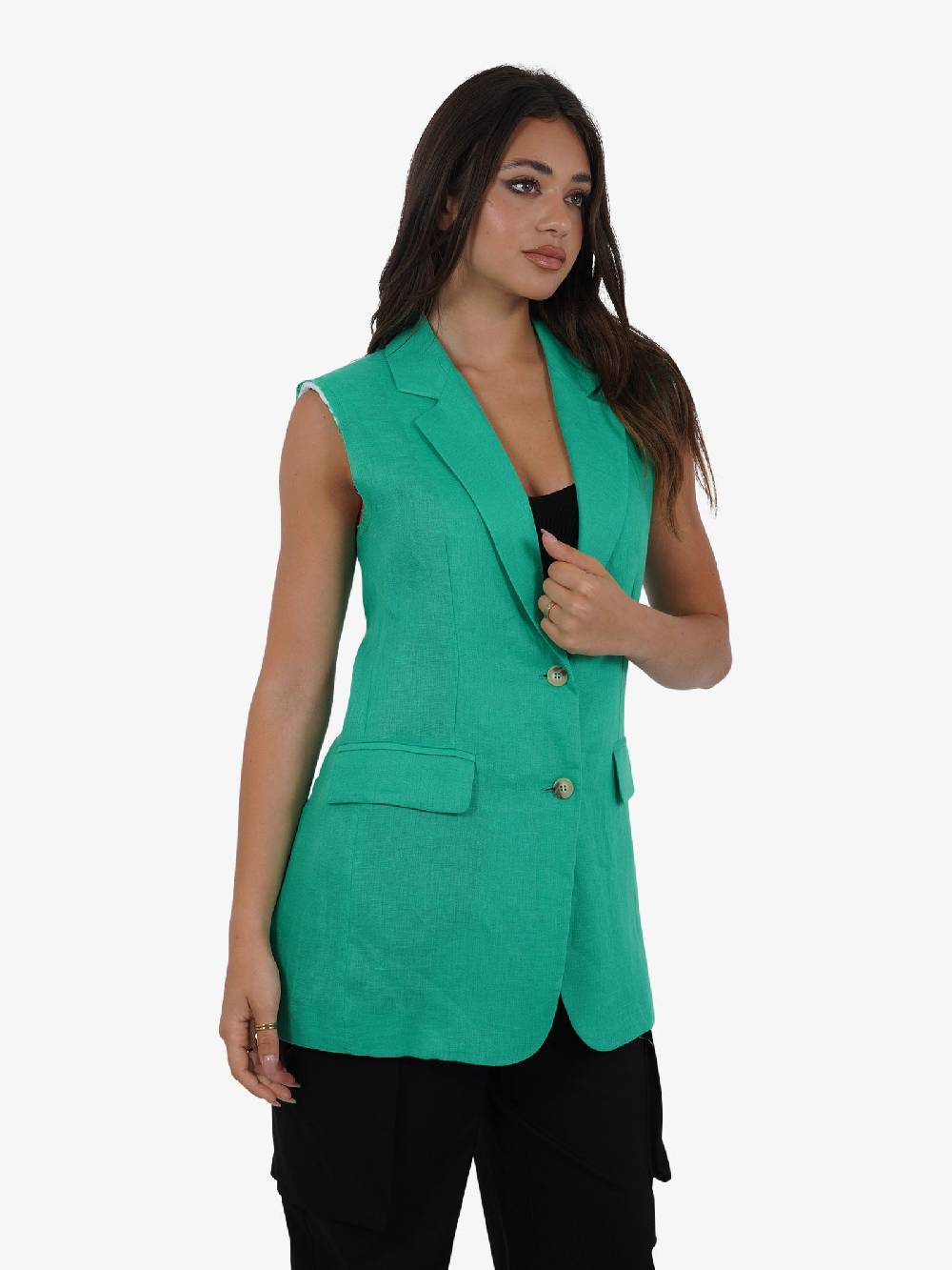 VICOLO Gilet Lungo Monopetto TB0787 Donna Lino Verde