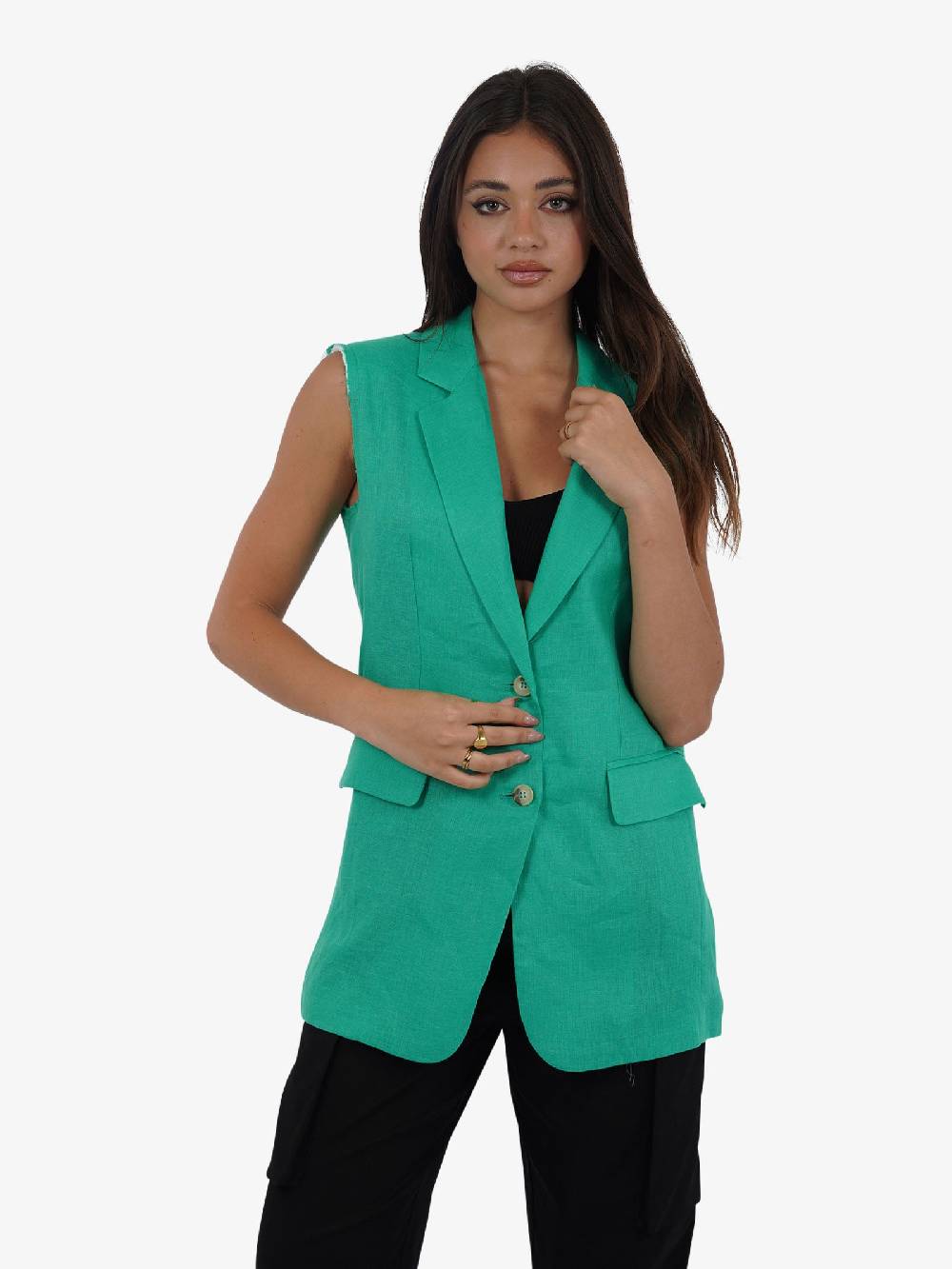 VICOLO Gilet lungo monopetto TB0787 donna lino verde