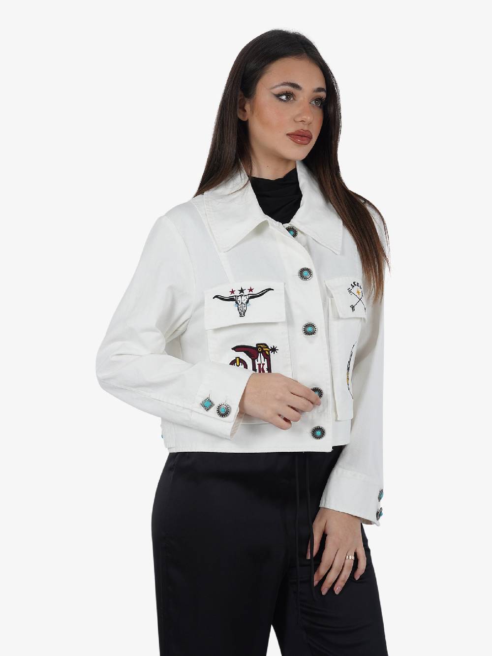 AKEP Giubbotto In Gabardina Con Ricami GIKD05156 Donna Cotone Panna