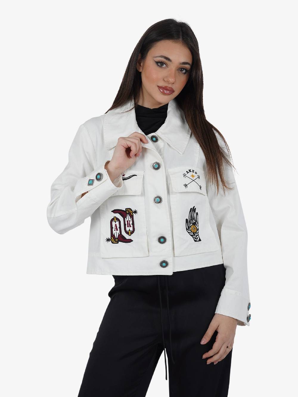 AKEP Giubbotto in gabardina con ricami GIKD05156 donna cotone panna