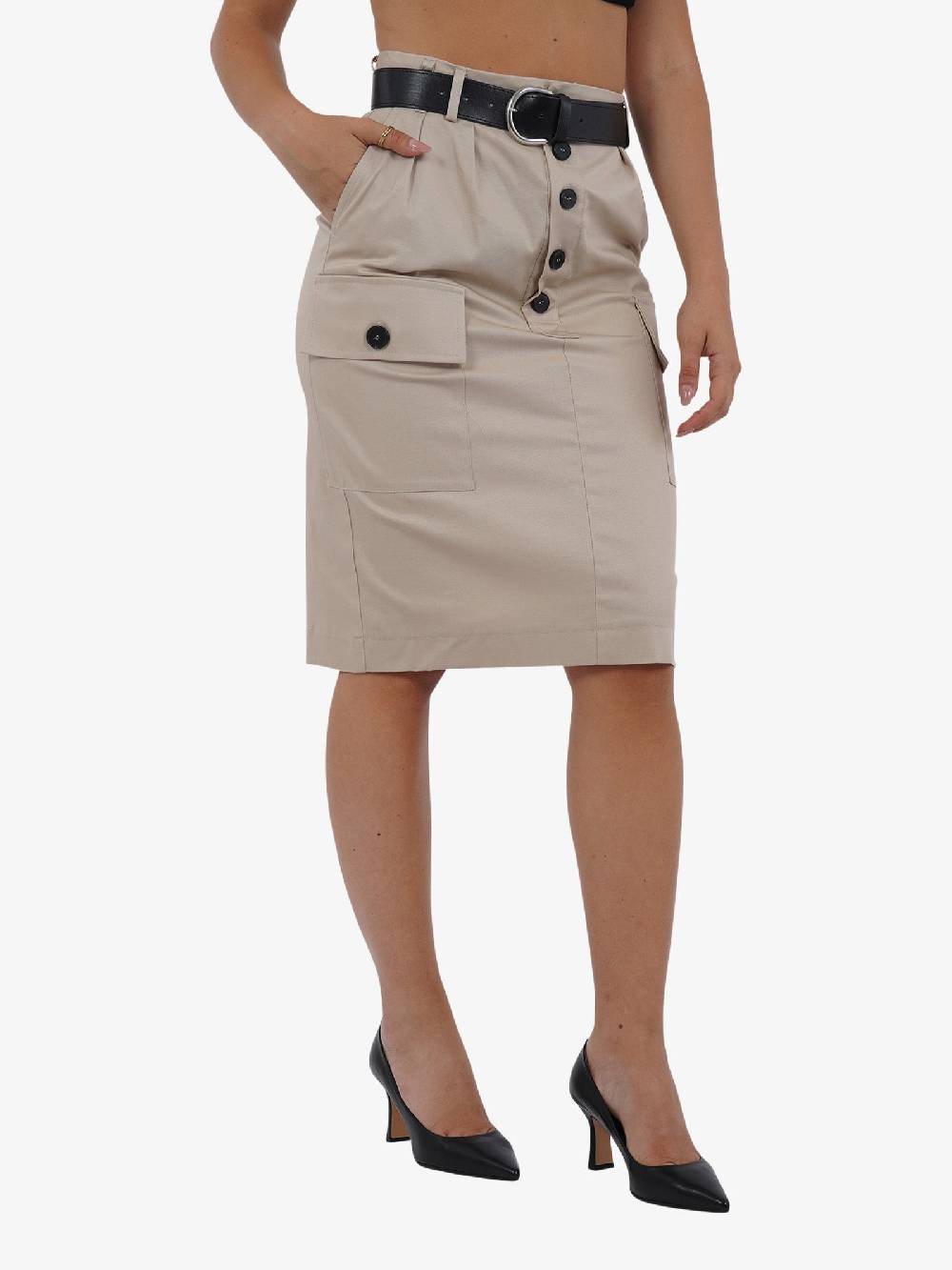 VICOLO Gonna Midi Con Cintura TB0075 Donna Cotone Beige