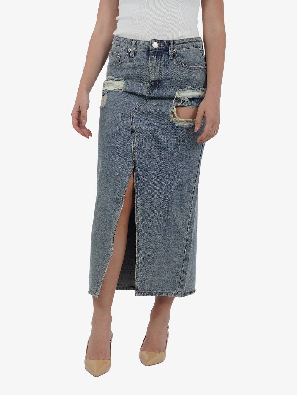 GLAMOROUS Gonna midi longuette in denim invecchiato AN4710 donna cotone