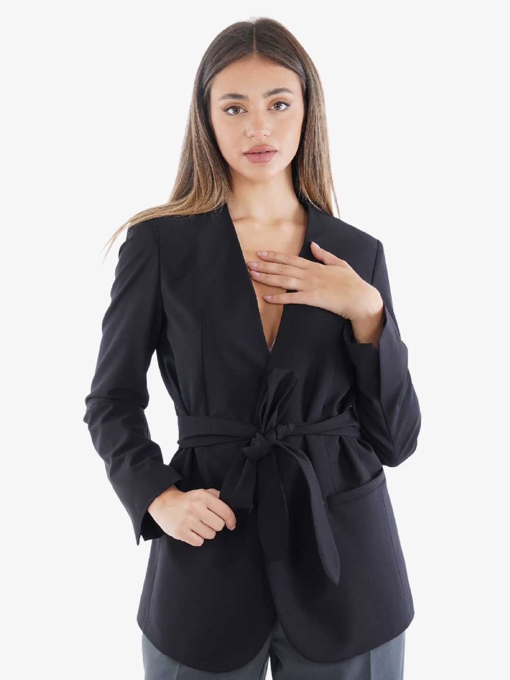 JUCCA Blazer In Misto Lana Donna Con Cintura Nero