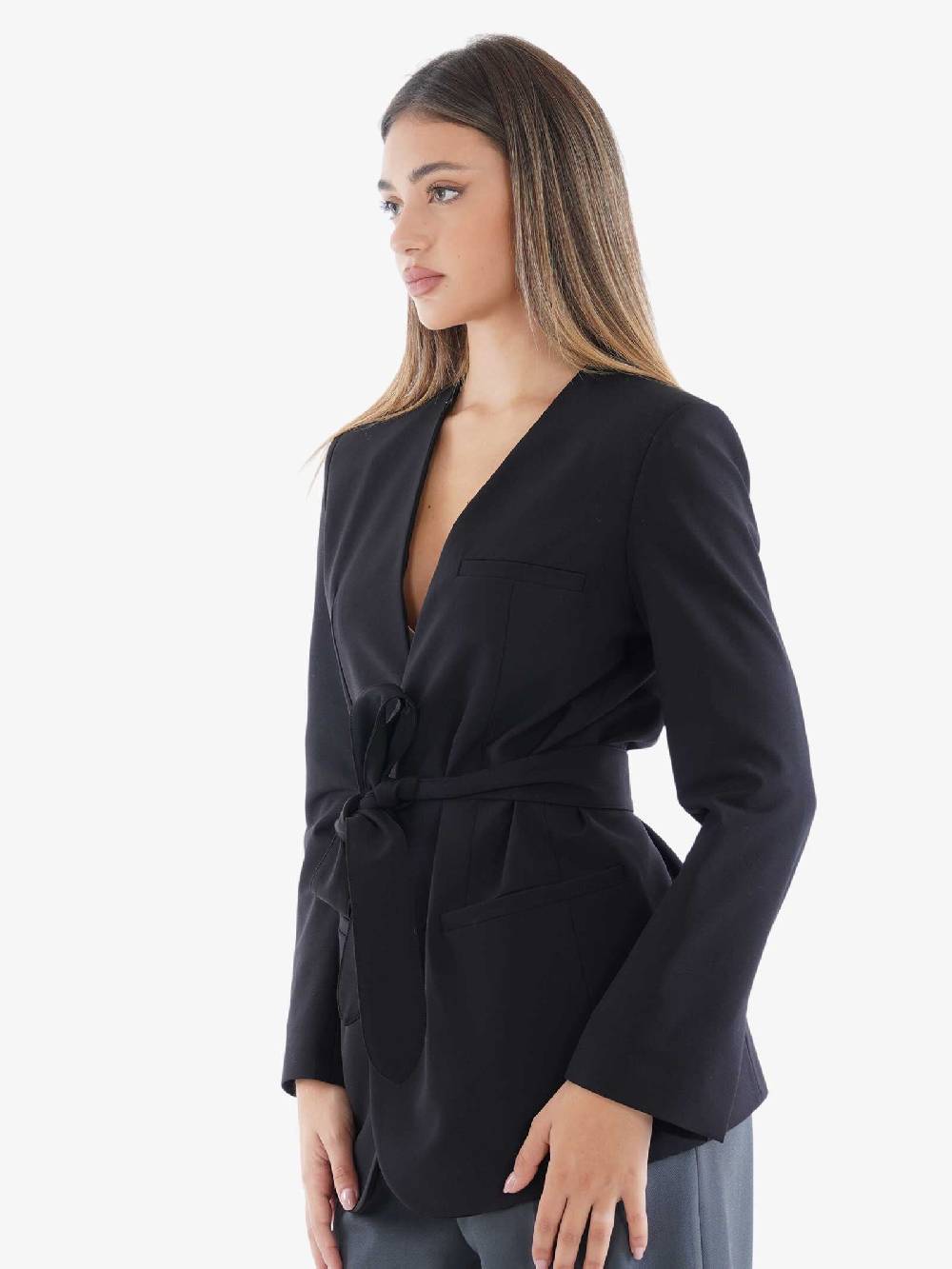JUCCA Blazer In Misto Lana Donna Con Cintura Nero