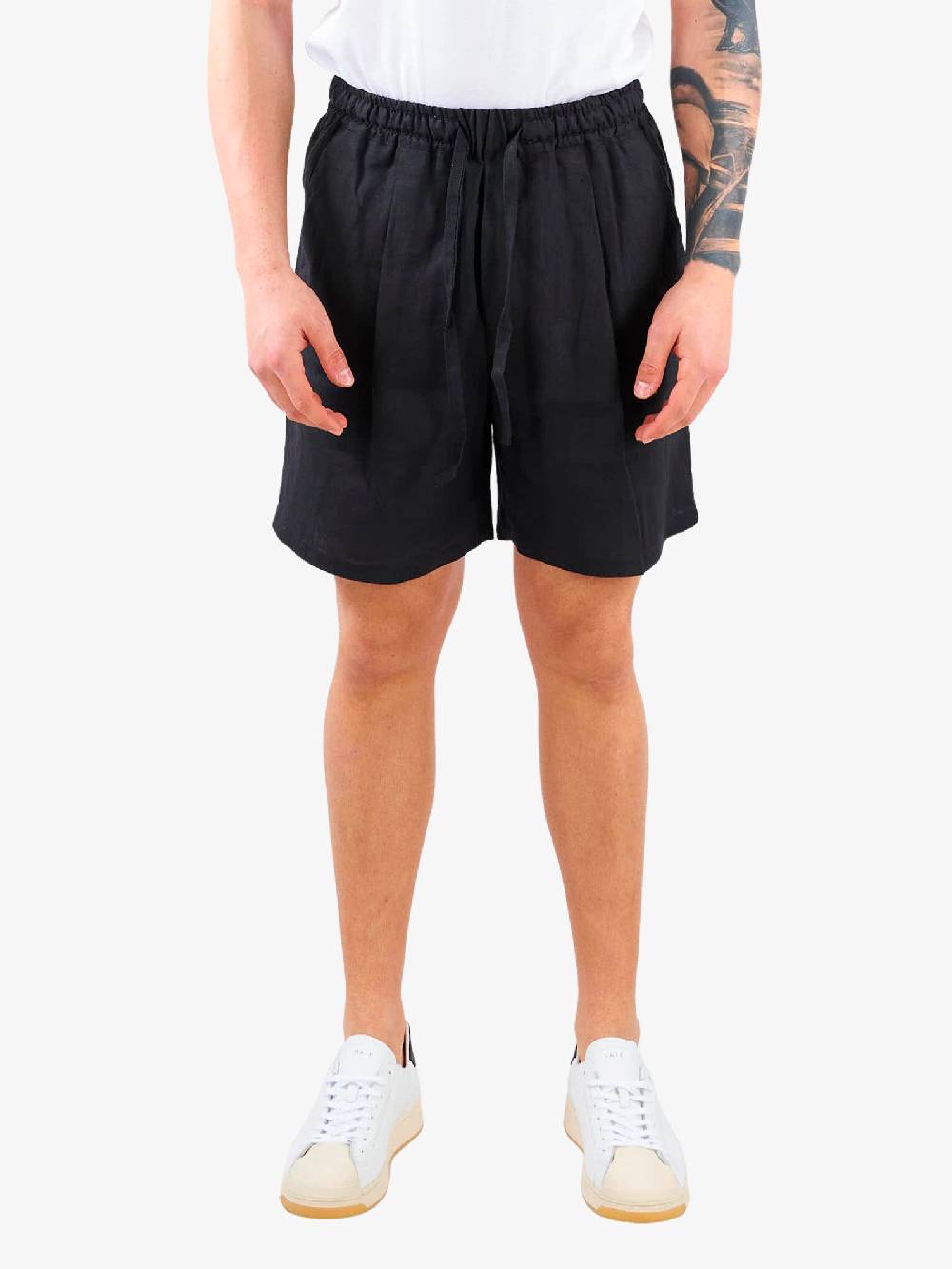 LOW BRAND Bermuda Uomo In Lino Con Elastico Nero