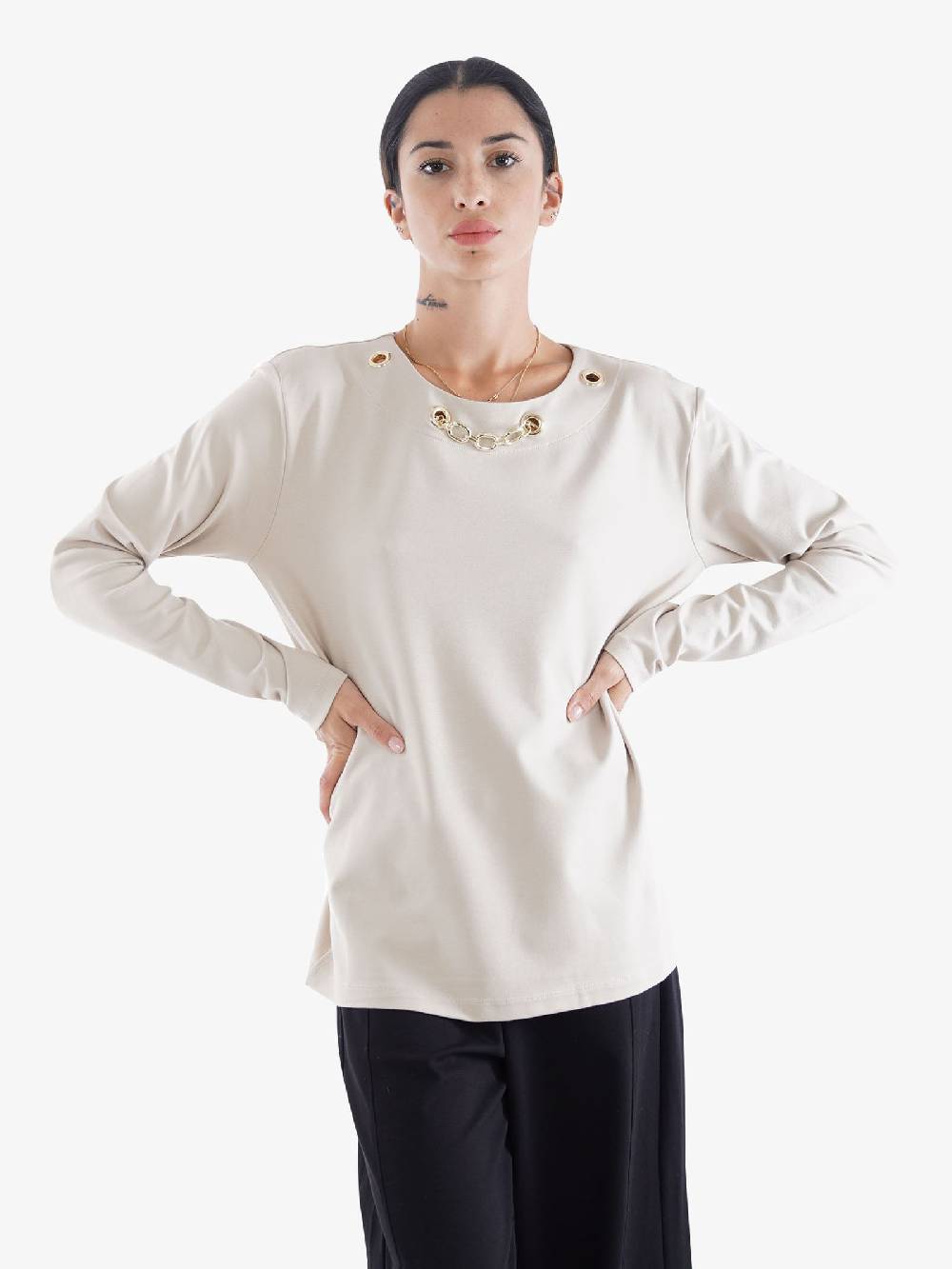 JIJIL Maglia A Maniche Lunghe Donna In Viscosa Beige Con Catena Oro