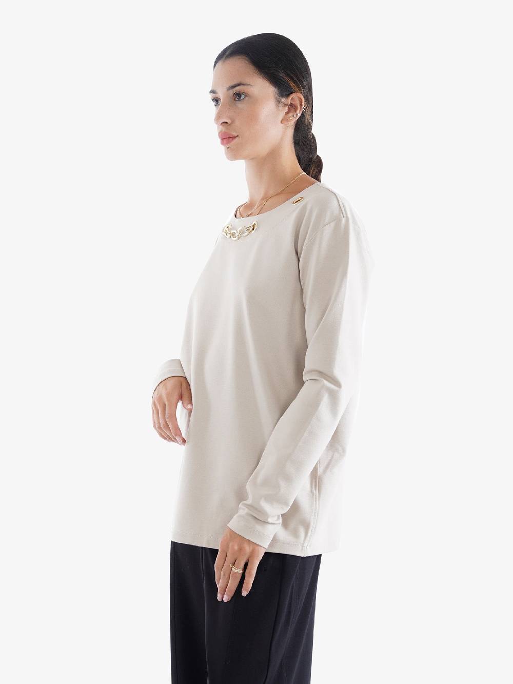 JIJIL Maglia A Maniche Lunghe Donna In Viscosa Beige Con Catena Oro