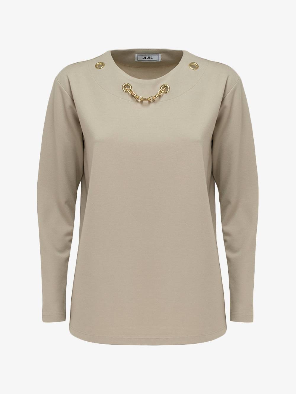 JIJIL Maglia a maniche lunghe donna in viscosa beige con catena oro