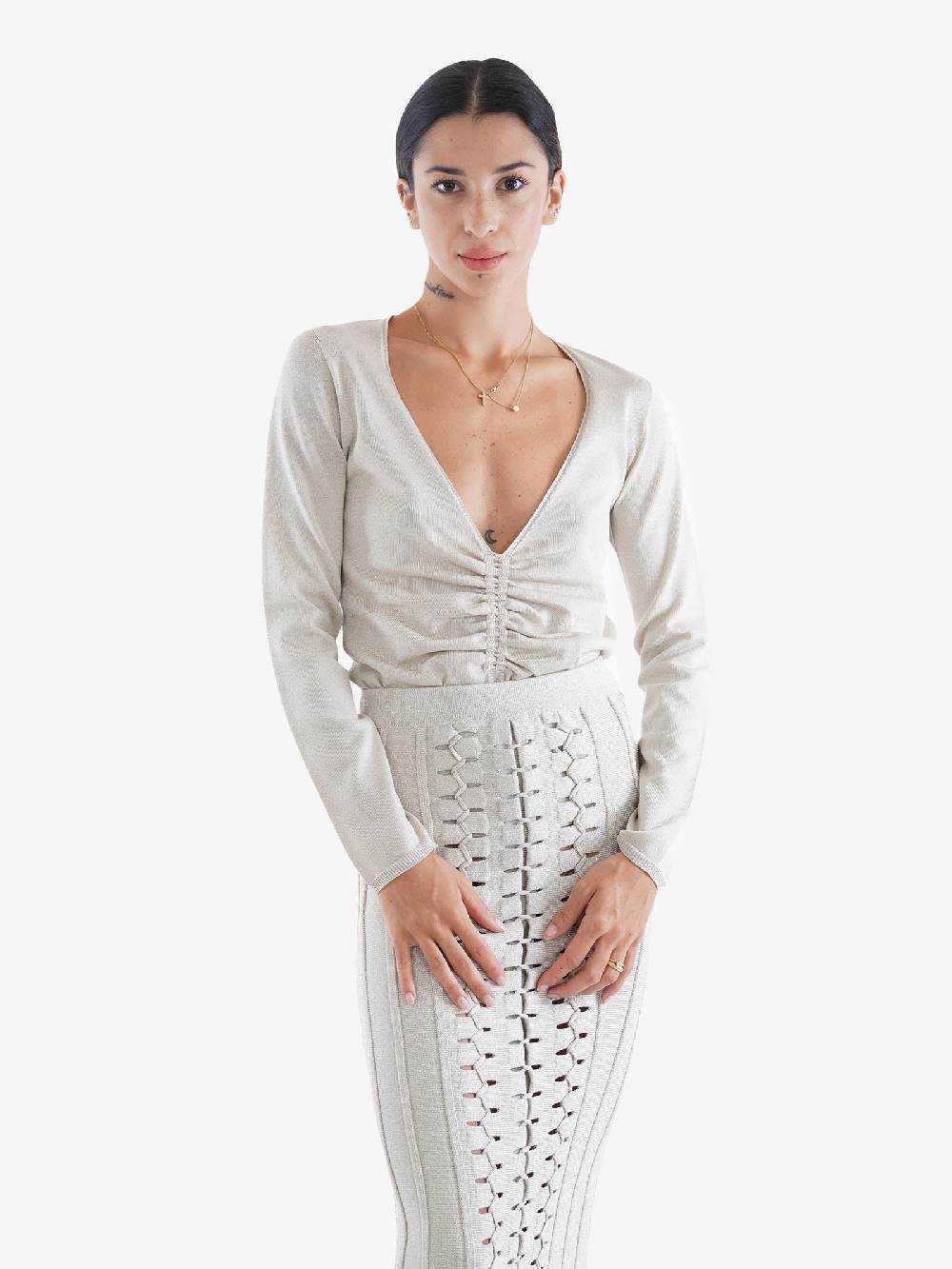 CIRCUS HOTEL Maglia A Maniche Lunghe Donna Scollatura A V In Lurex Bianco