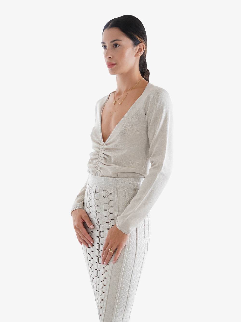 CIRCUS HOTEL Maglia A Maniche Lunghe Donna Scollatura A V In Lurex Bianco