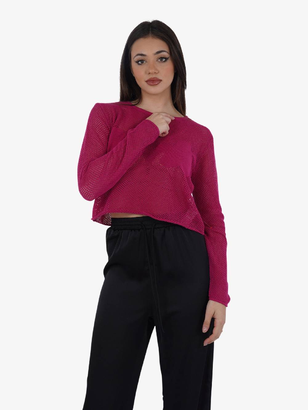 GLAMOROUS Maglia a maniche lunghe HC0260 donna cotone fucsia