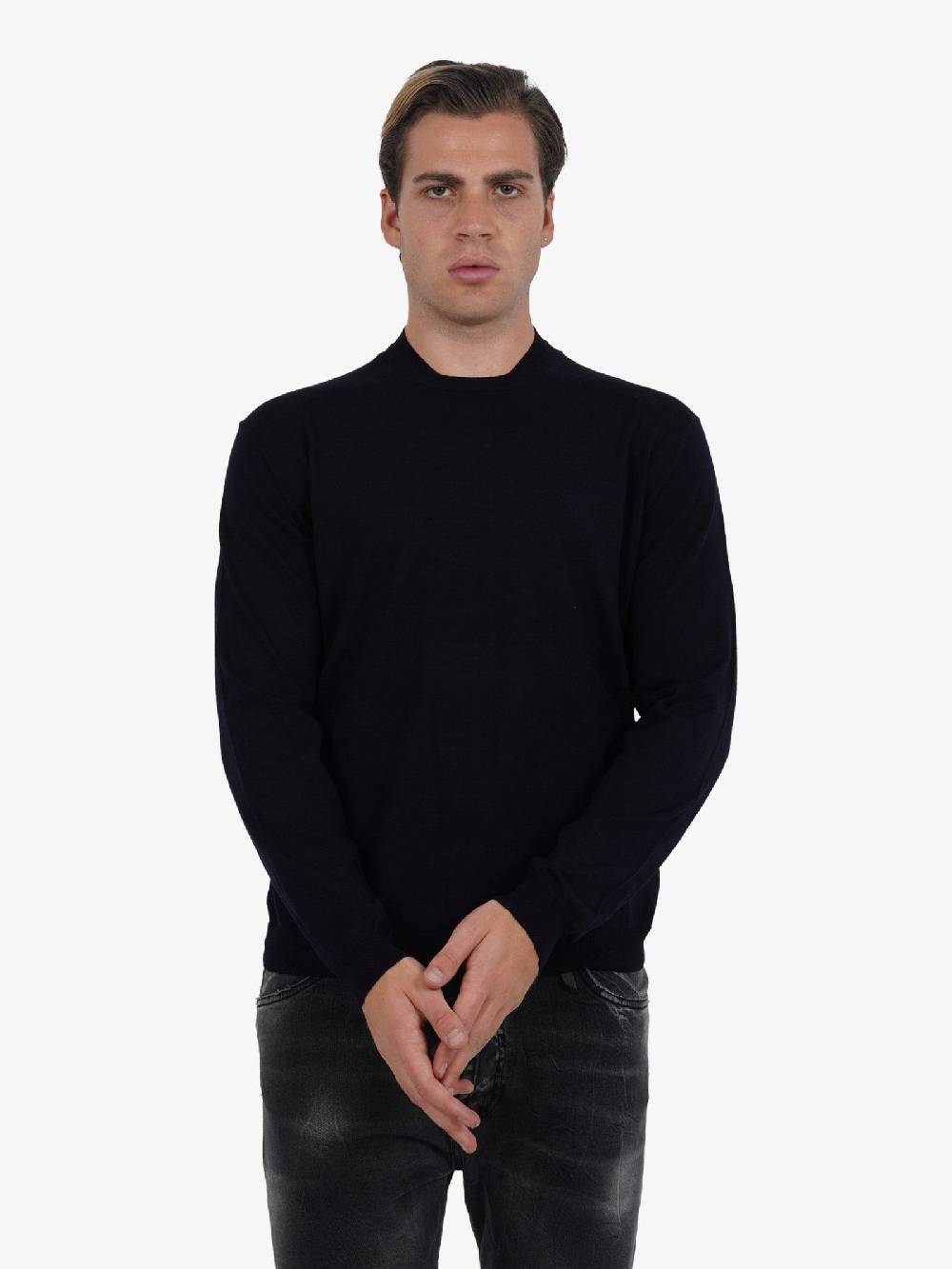 LOW BRAND Maglia A Maniche Lunghe K139 Doppio Girocollo Uomo In Lana Blu Scuro