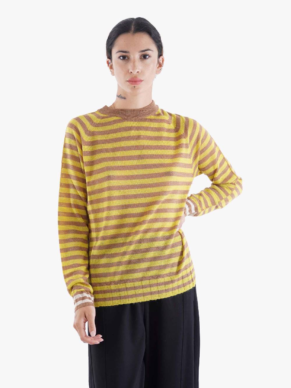 ALYSI Maglia A Maniche Lunghe Stripes Boxy Donna In Mohair Camel