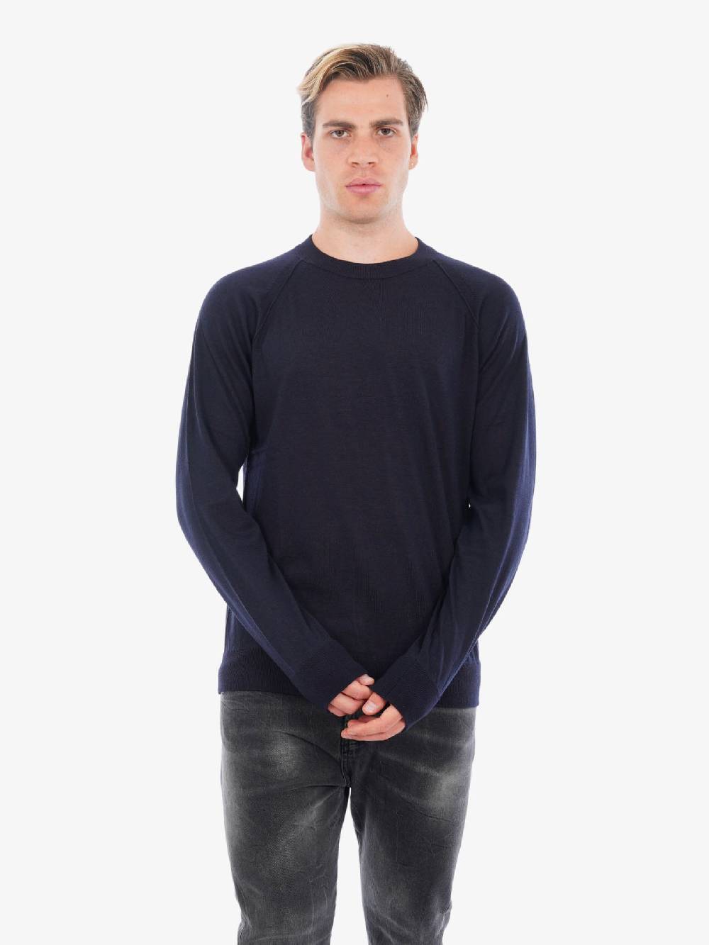 PAOLO PECORA Maglia A Maniche Lunghe Uomo In Lana Merino Blu Scuro