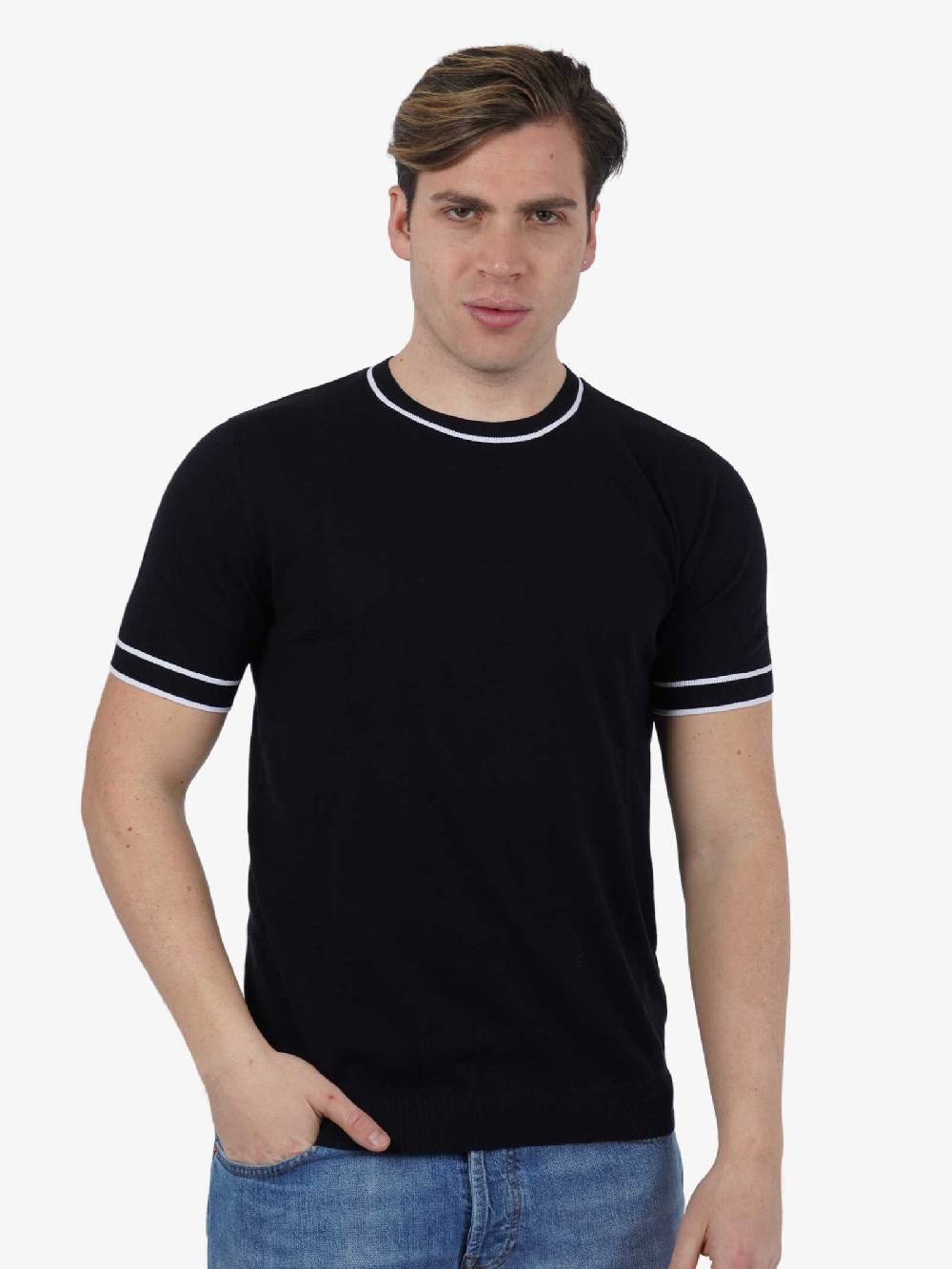 DIKTAT Maglia G/C Righe collo MM DK67042 uomo cotone nero