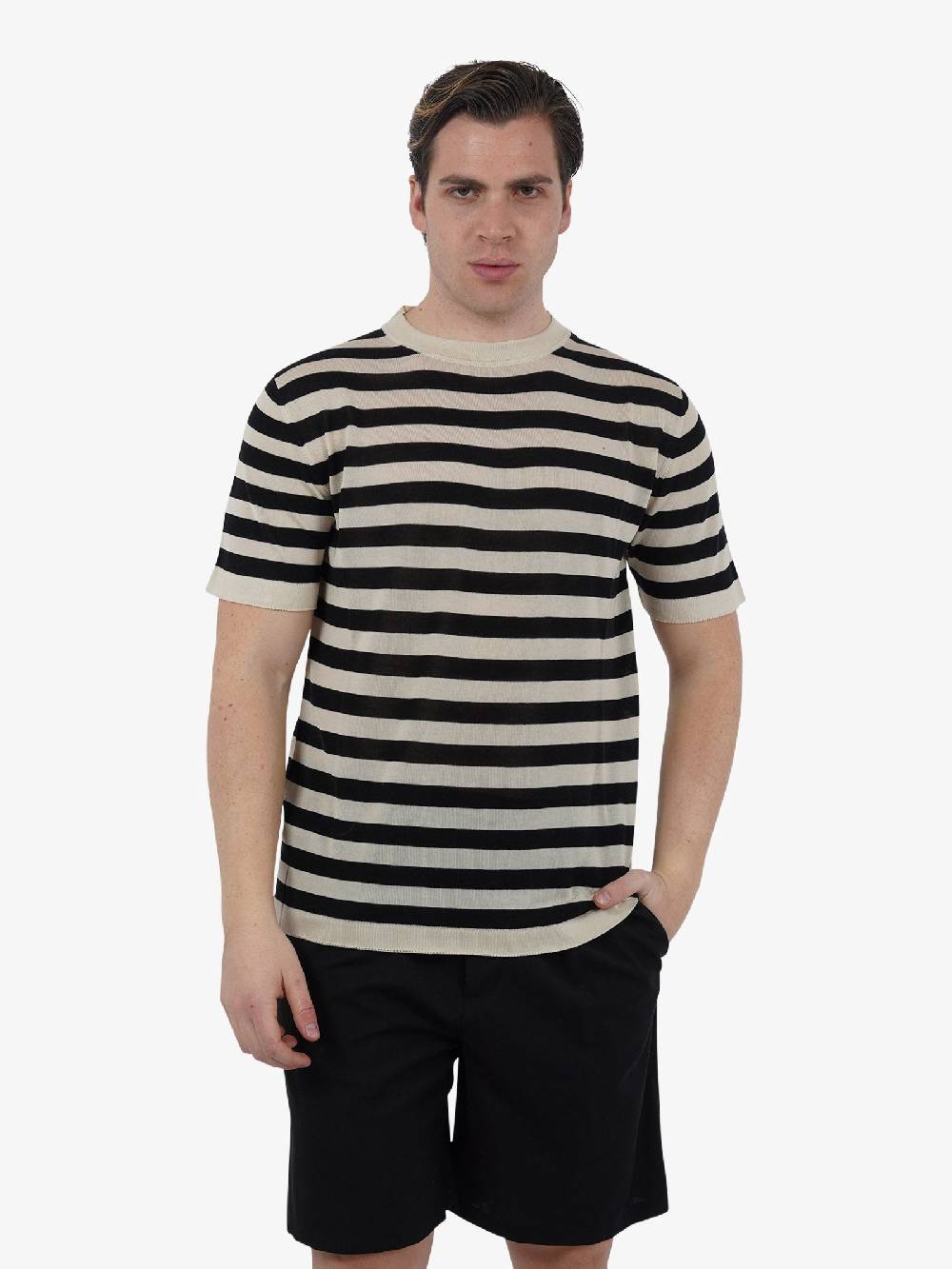 GRIFONI Maglia girocollo rigata GR110009/135 uomo cupro beige