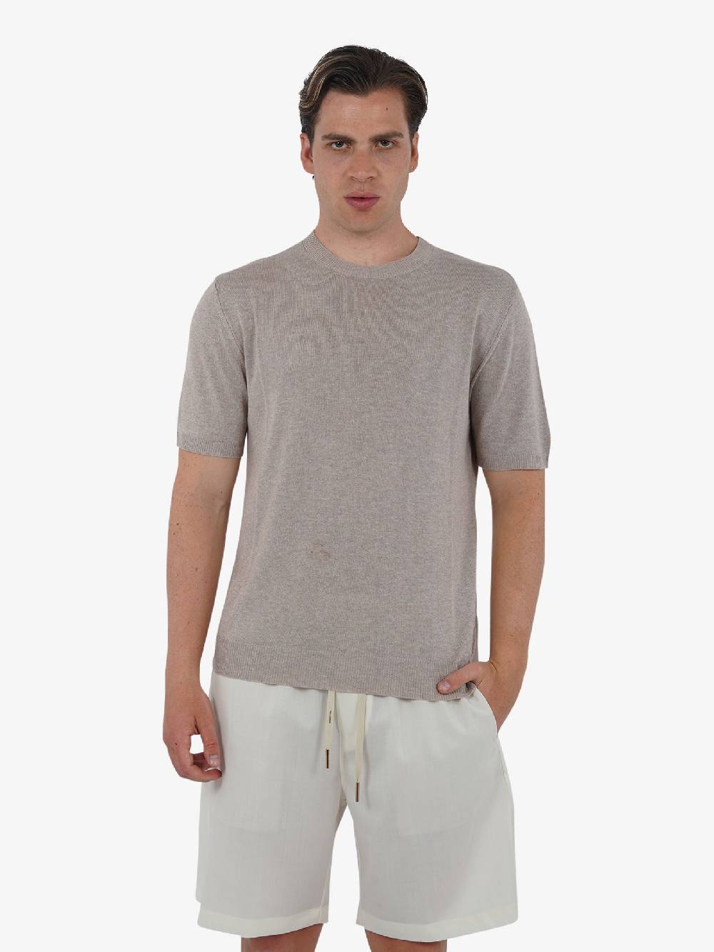 WHITE OVER Maglia regular girocollo ML/001 uomo viscosa beige