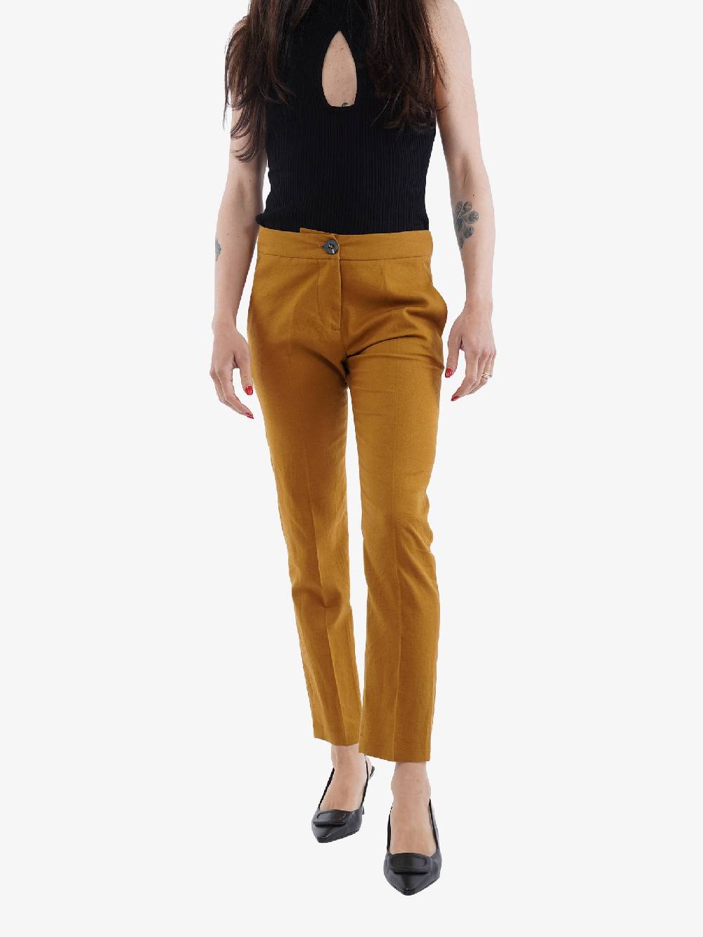 MARIUCCIA Pantaloni Donna Lino Marrone Terra