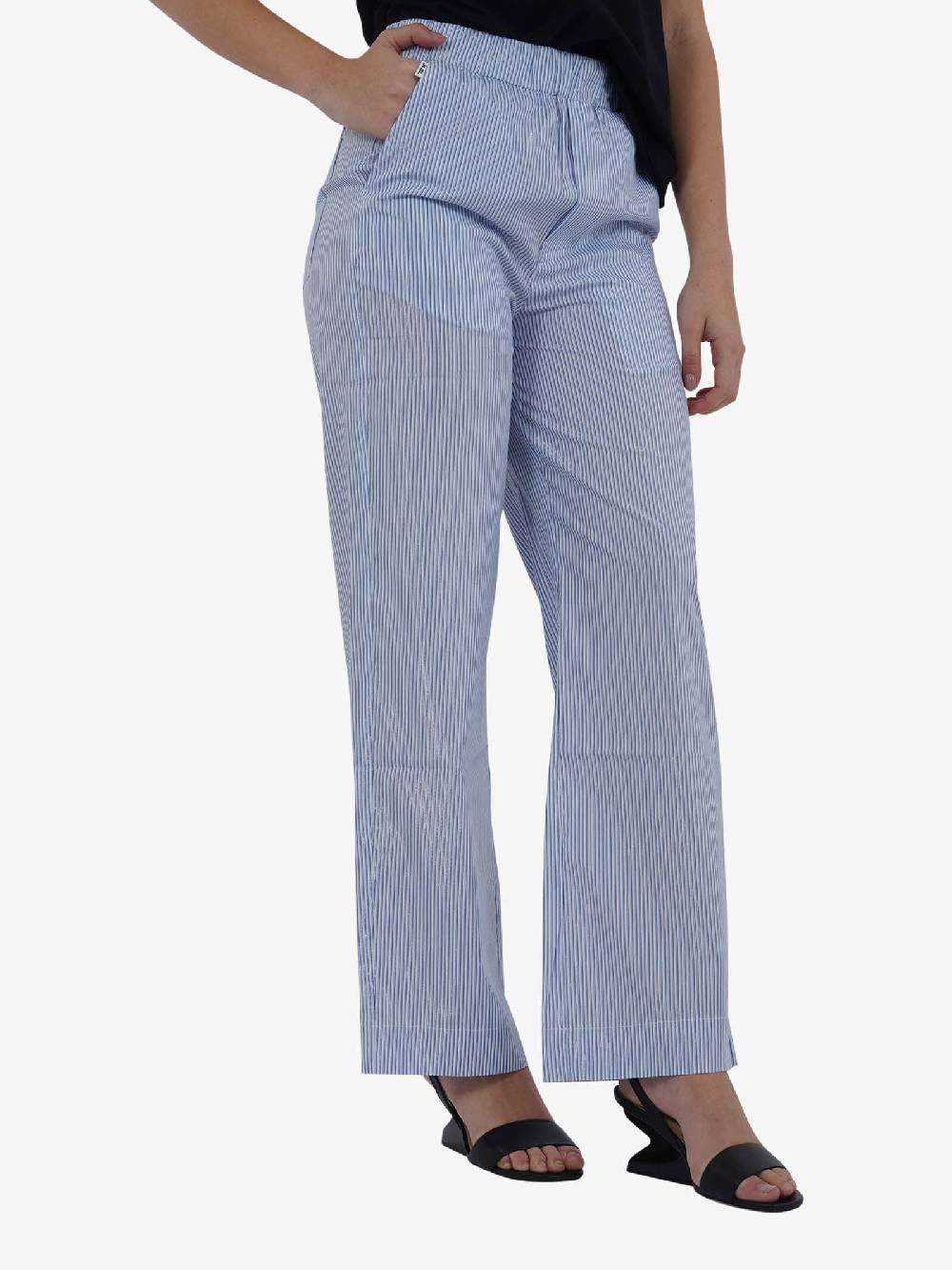 JIJIL Pantalone A Gamba Larga PA160 In Popeline Di Cotone A Righe Azzurro