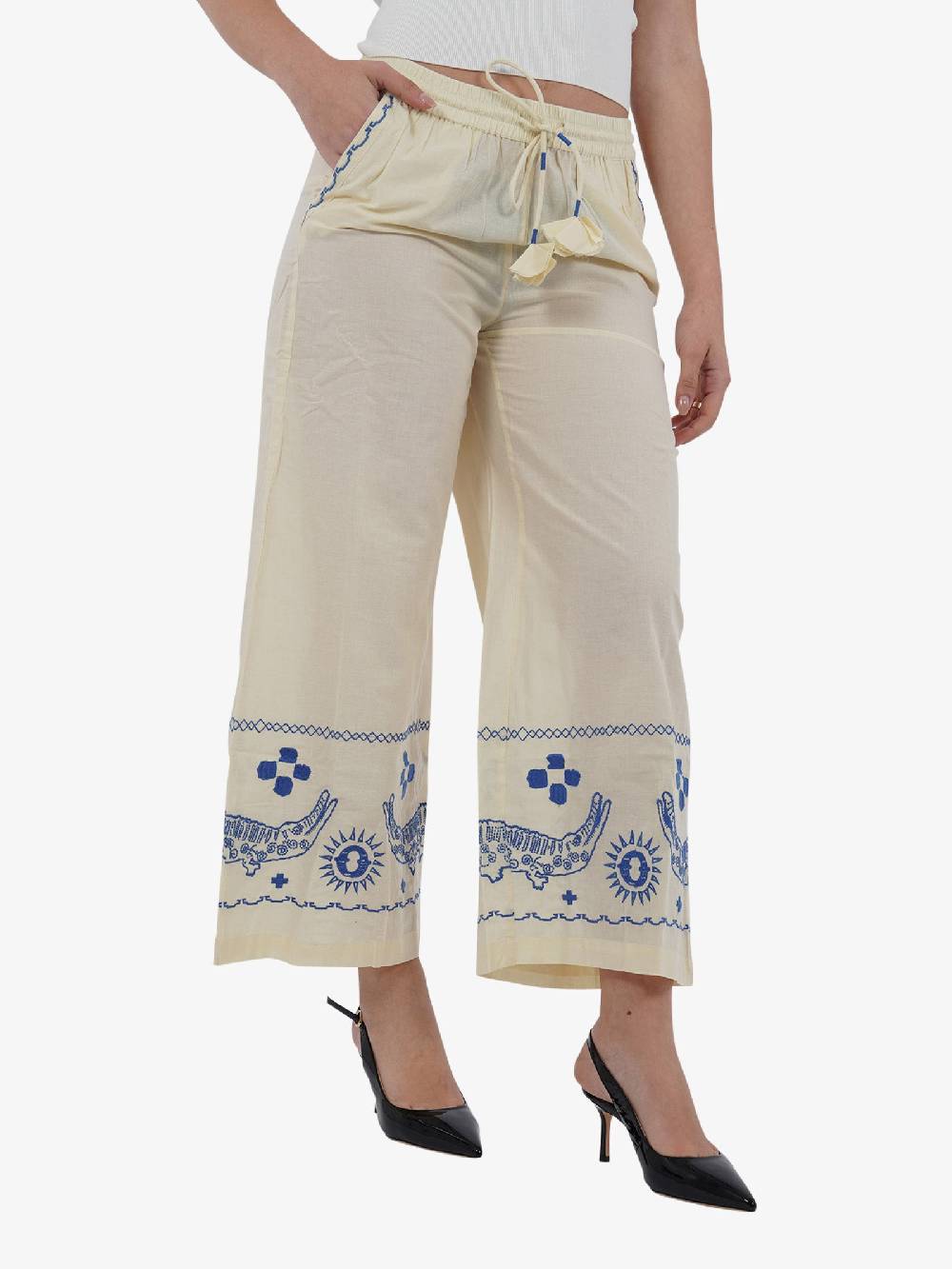 OTTOD'AME Pantalone A Palazzo Con Stampa ATM_DP9481 Donna Cotone Panna