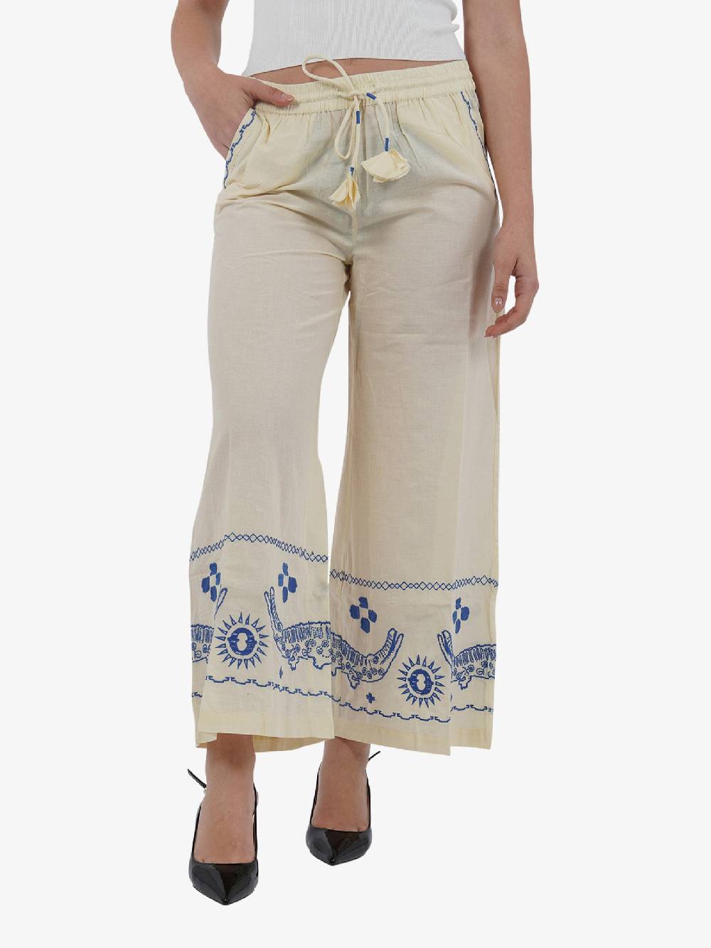 OTTOD'AME Pantalone A Palazzo Con Stampa ATM_DP9481 Donna Cotone Panna