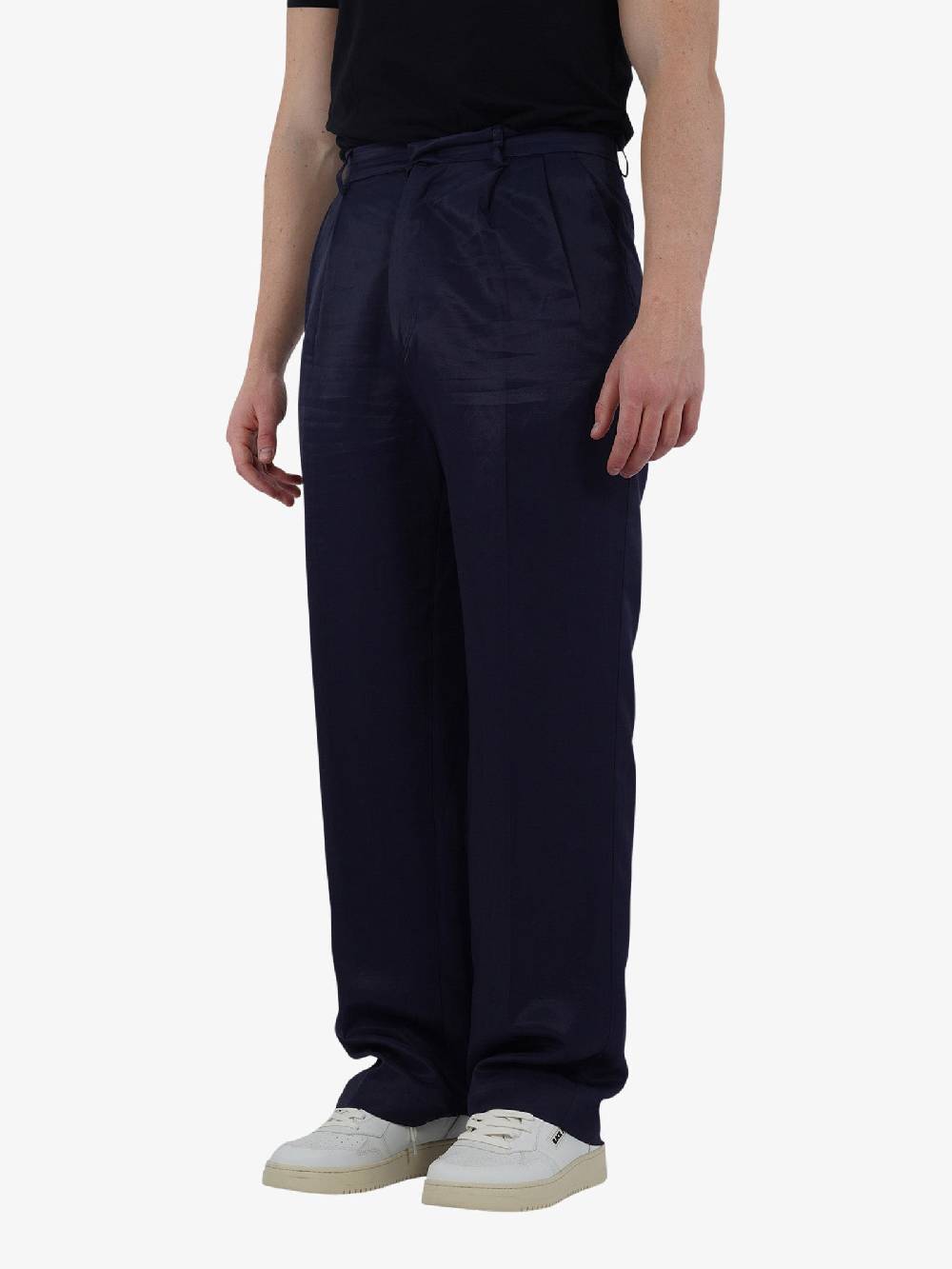 C93 Pantalone Con Abbottonatura Laterale Uomo Lino Blu