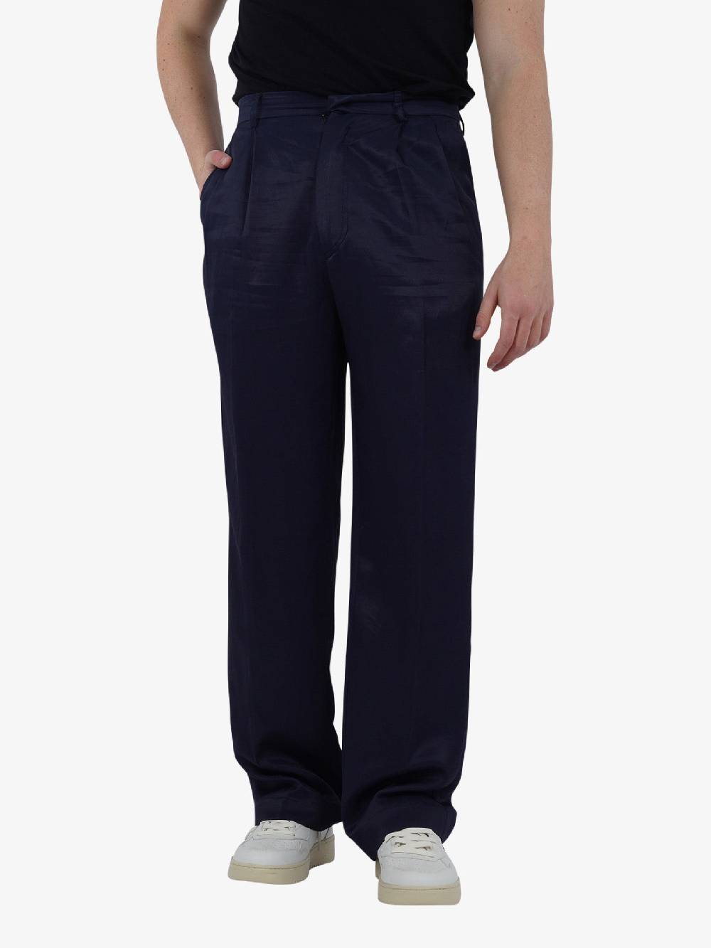 C93 Pantalone con abbottonatura laterale uomo lino blu