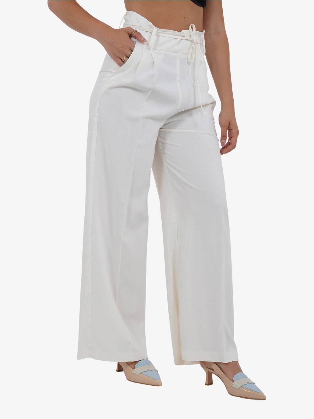 VICOLO Pantalone Con Coulisse E Laccio TB1550 Donna Viscosa Bianco