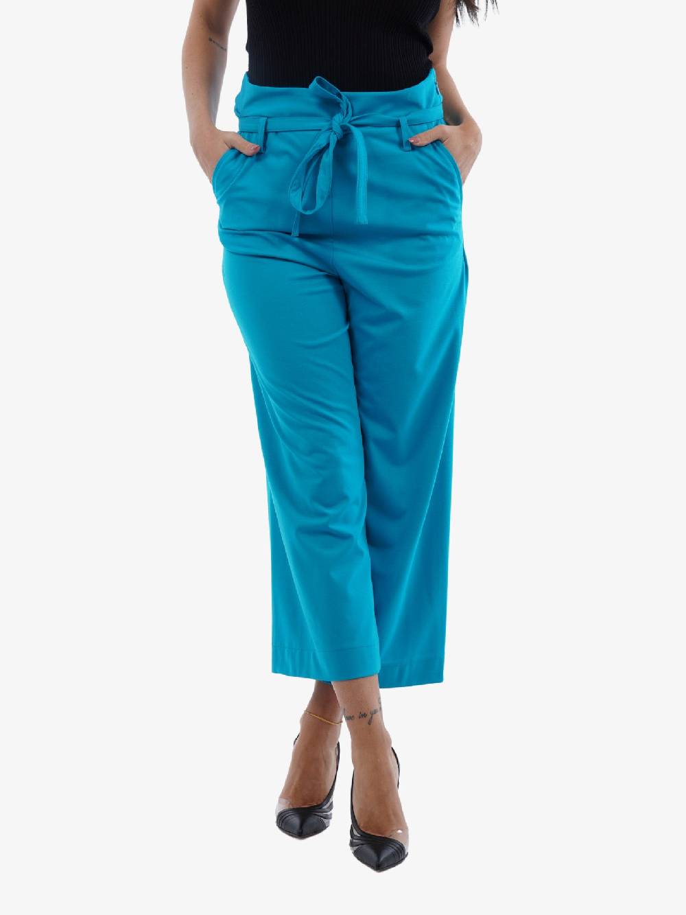 MERCI Pantalone In Viscosa Azzurro Con Fantasia Floreale Donna