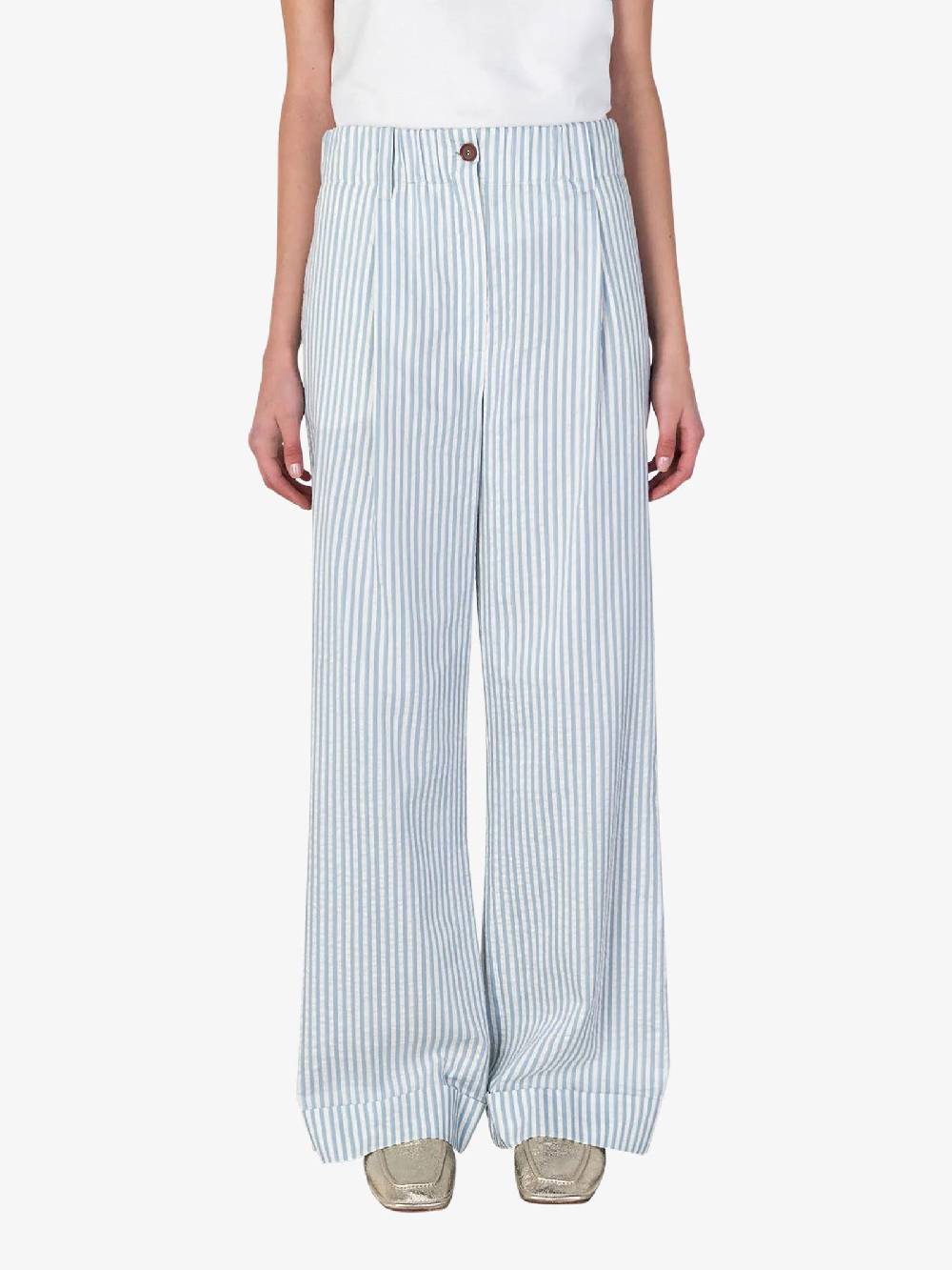 ALYSI Pantalone Wide Leg A Righe 104121P4041 Donna Cotone Azzurro