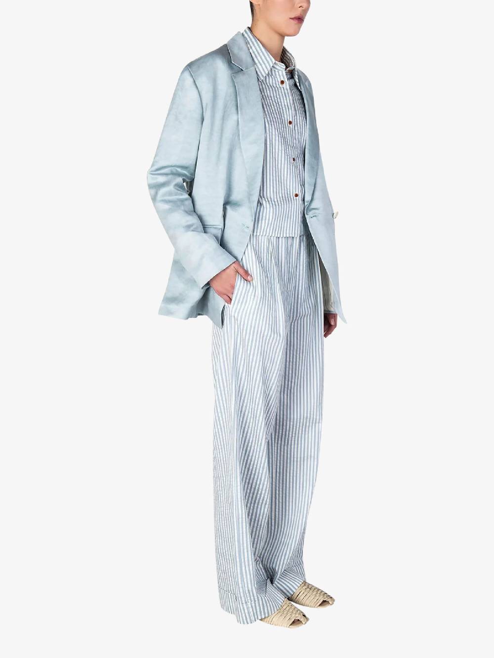 ALYSI Pantalone Wide Leg A Righe 104121P4041 Donna Cotone Azzurro