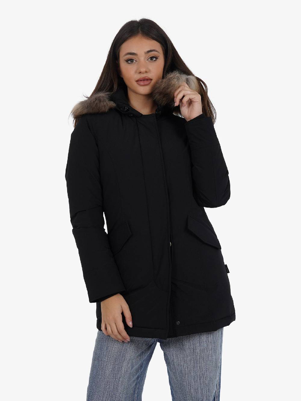 WOOLRICH Parka Luxury Arctic Raccoon Donna Nero In Urban Touch Con Pelliccia Removibile