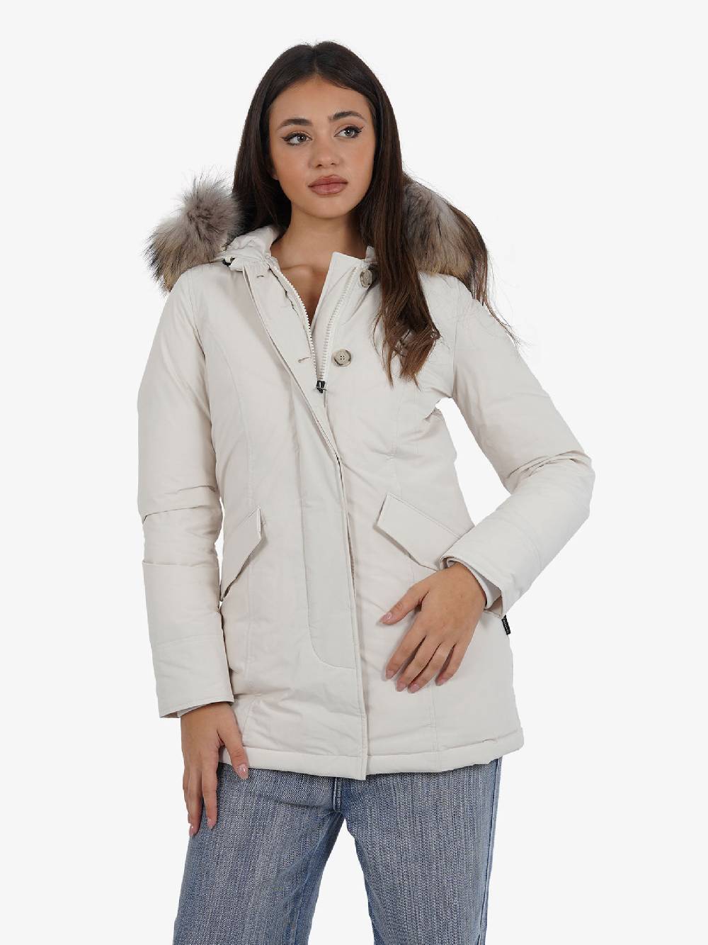 WOOLRICH Parka Luxury Arctic Raccoon Donna Panna In Urban Touch Con Pelliccia Removibile