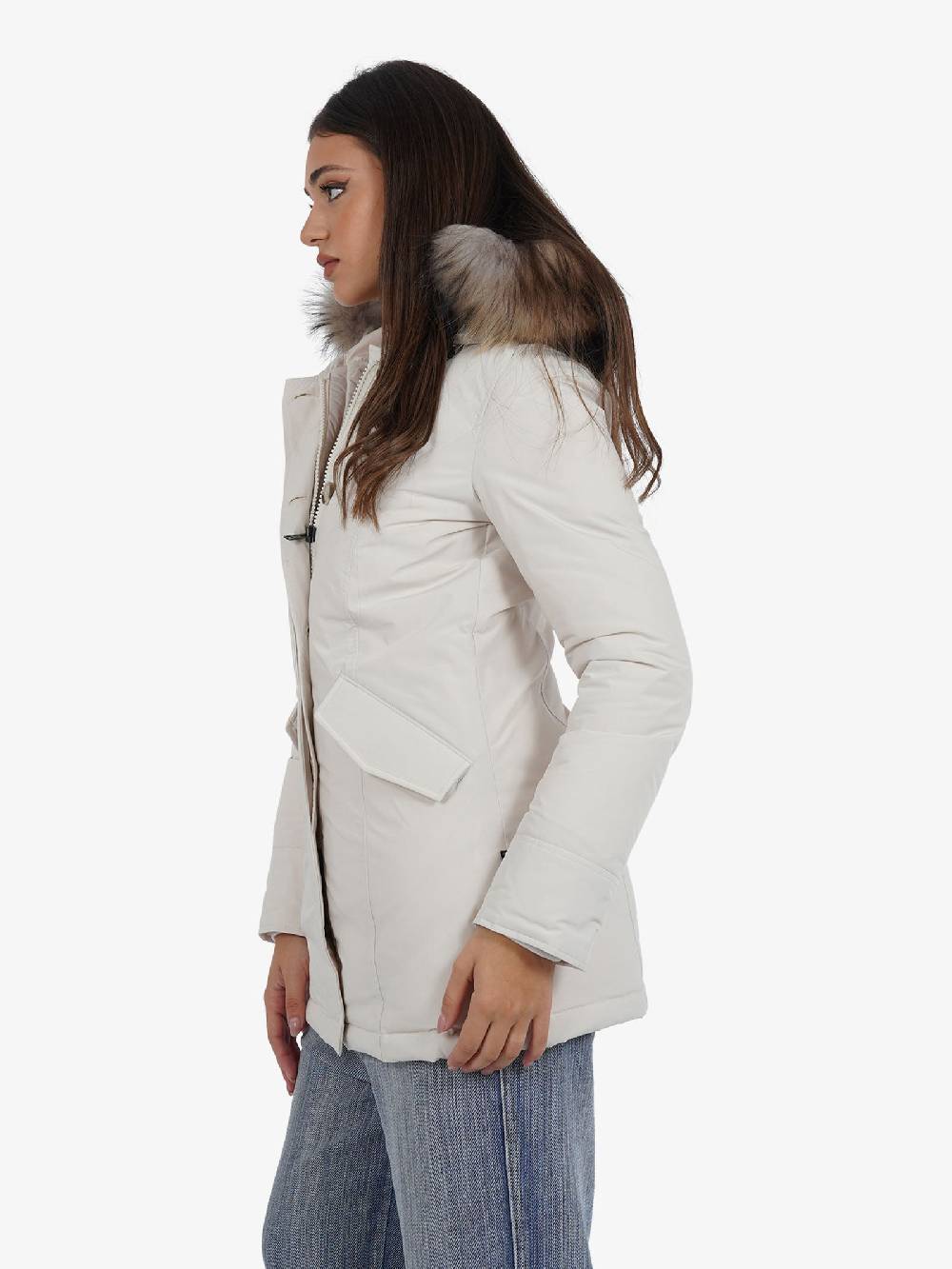 WOOLRICH Parka Luxury Arctic Raccoon Donna Panna In Urban Touch Con Pelliccia Removibile