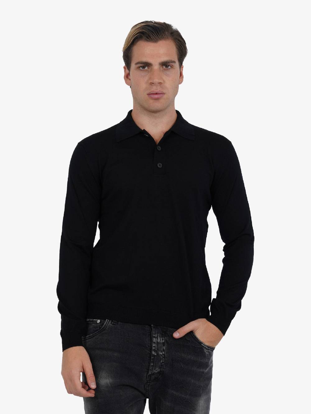 LOW BRAND Polo A Maniche Lunghe K153 Extrafine Uomo In Lana Merino Nero