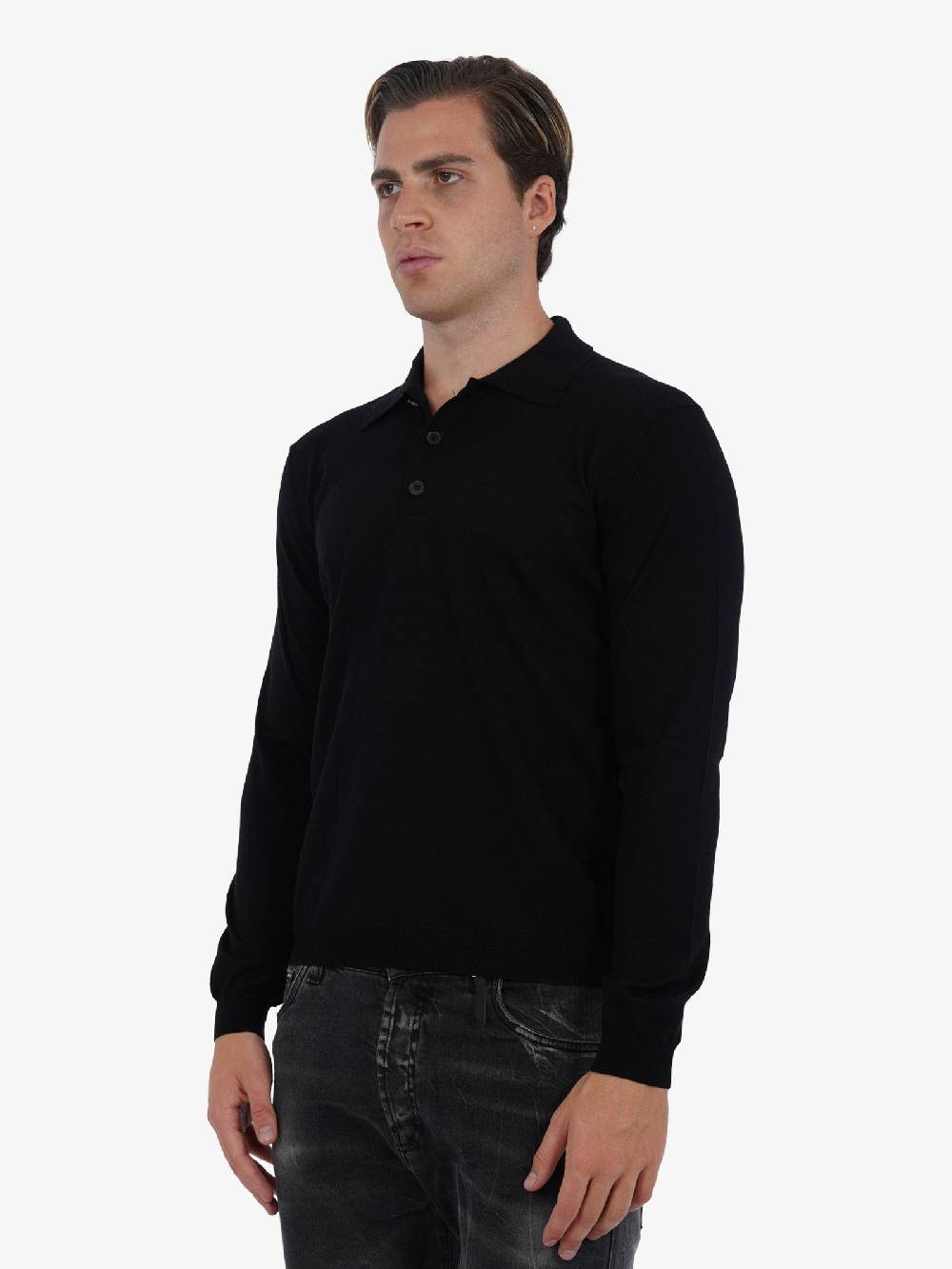 LOW BRAND Polo A Maniche Lunghe K153 Extrafine Uomo In Lana Merino Nero