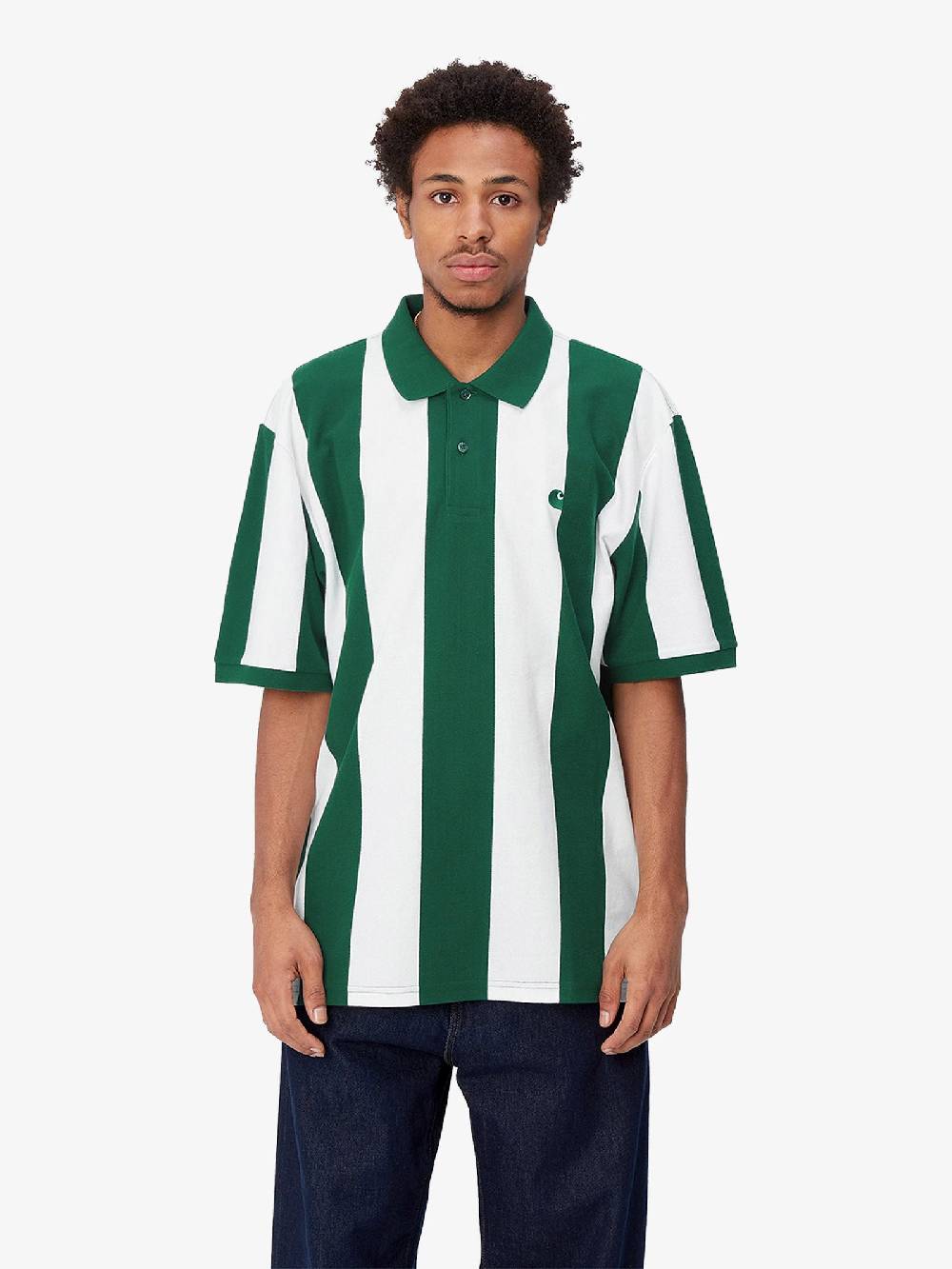 CARHARTT WIP Polo S/S Hinton I032972_23V_XX A Righe Uomo In Cotone Verde/bianco