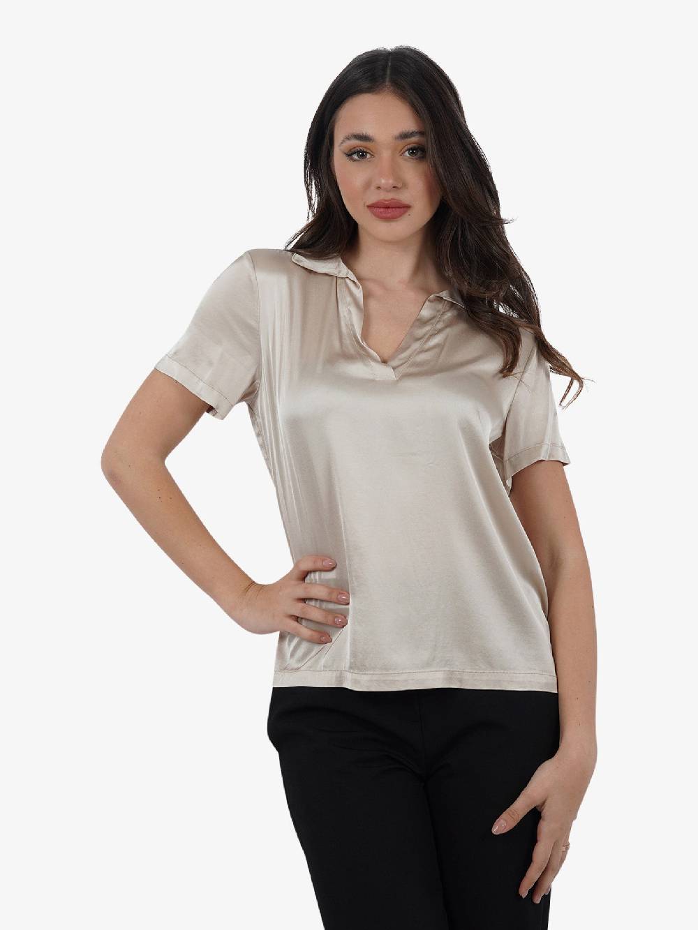 HAVE ONE Polo scollo a V CWG-L003 donna viscosa beige