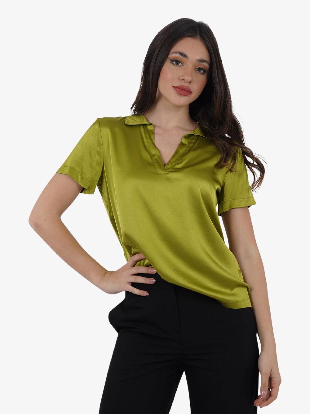 HAVE ONE Polo Scollo A V CWG-L003 Donna Viscosa Verde