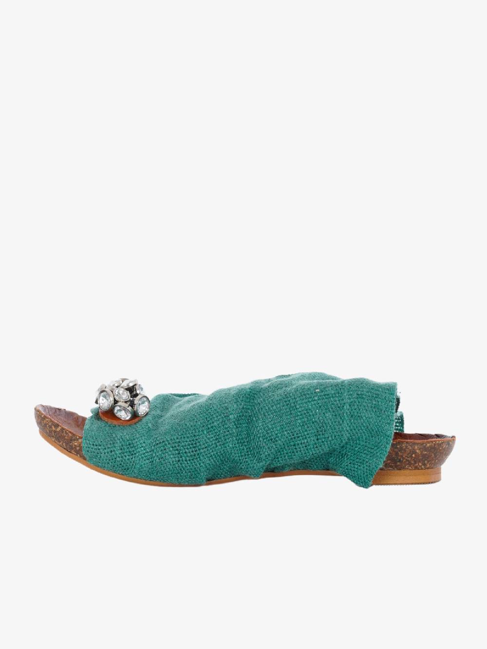 VINTAGE Sandali Bassi Infradito Donna Verde Petrolio In Tessuto