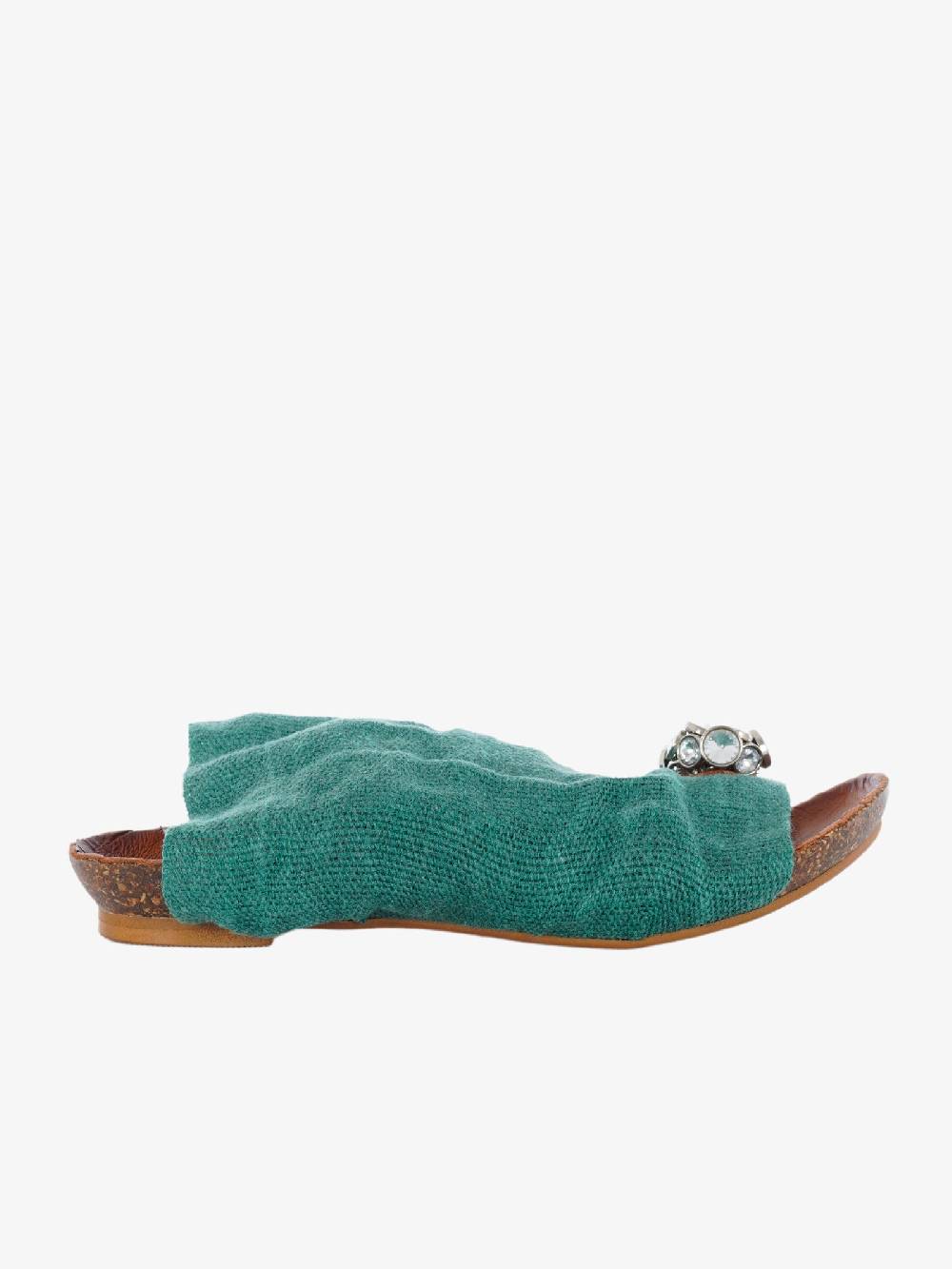 VINTAGE Sandali bassi infradito donna verde petrolio in tessuto