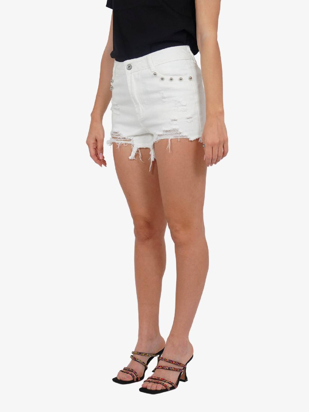 MARC ELLIS Shorts Donna In Denim Bianco Con Borchie