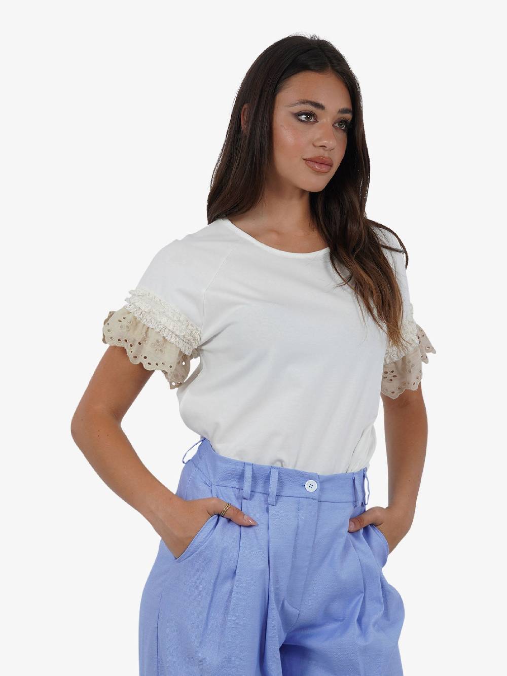 HAVE ONE T-shirt Con Manica Ricamo TJA-L065 Donna Cotone Bianco