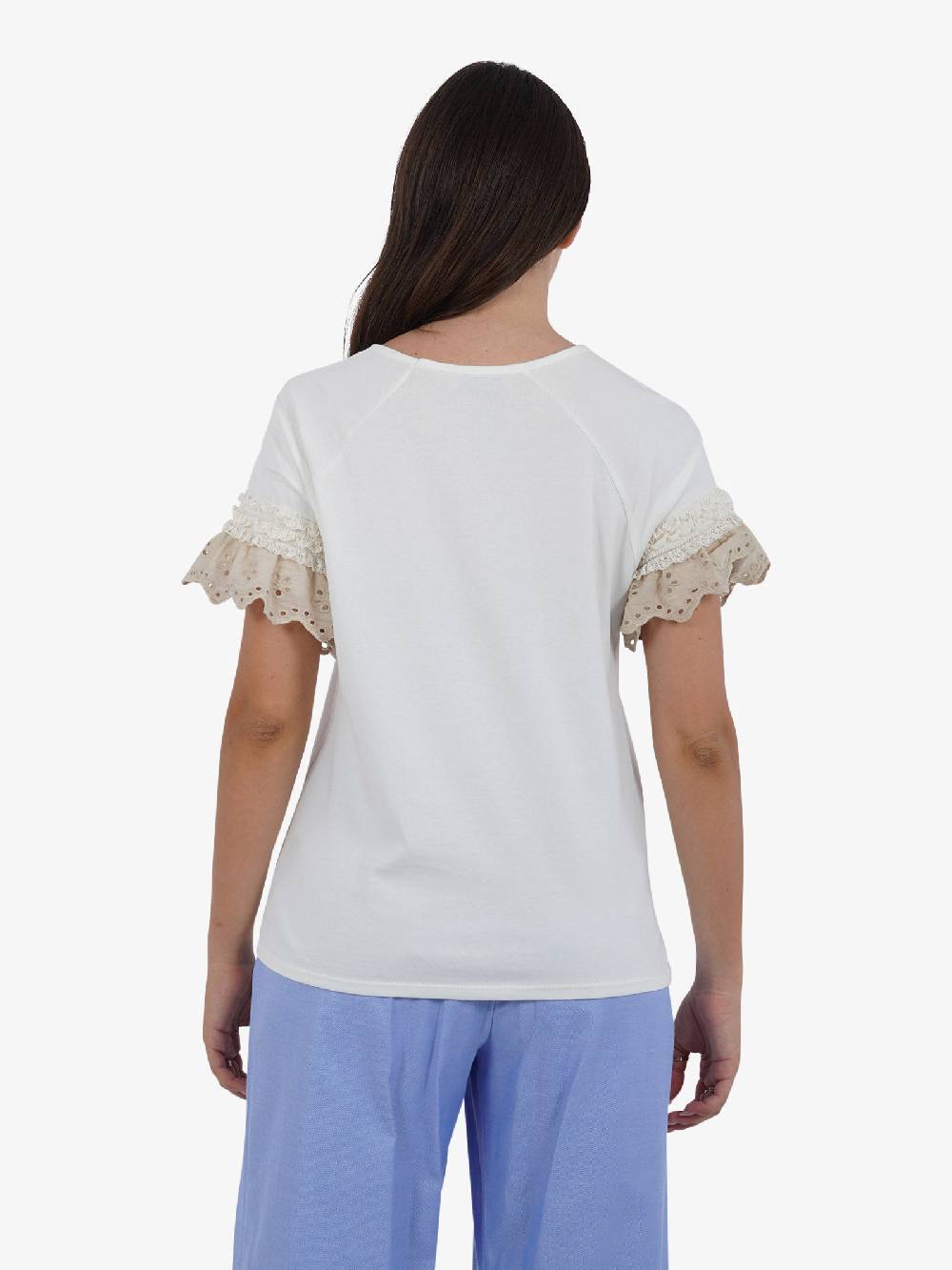 HAVE ONE T-shirt Con Manica Ricamo TJA-L065 Donna Cotone Bianco