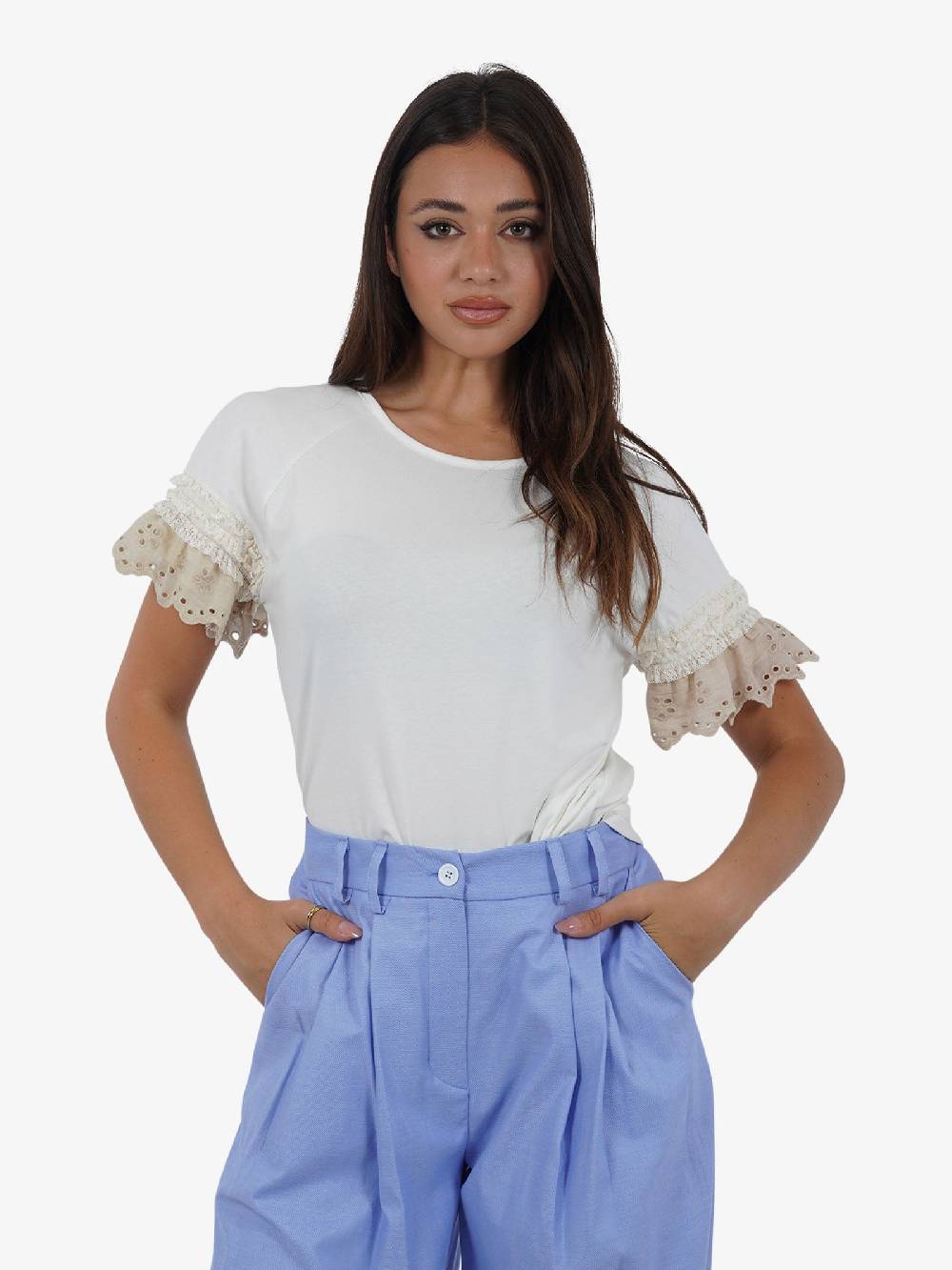 HAVE ONE T-shirt con manica ricamo TJA-L065 donna cotone bianco